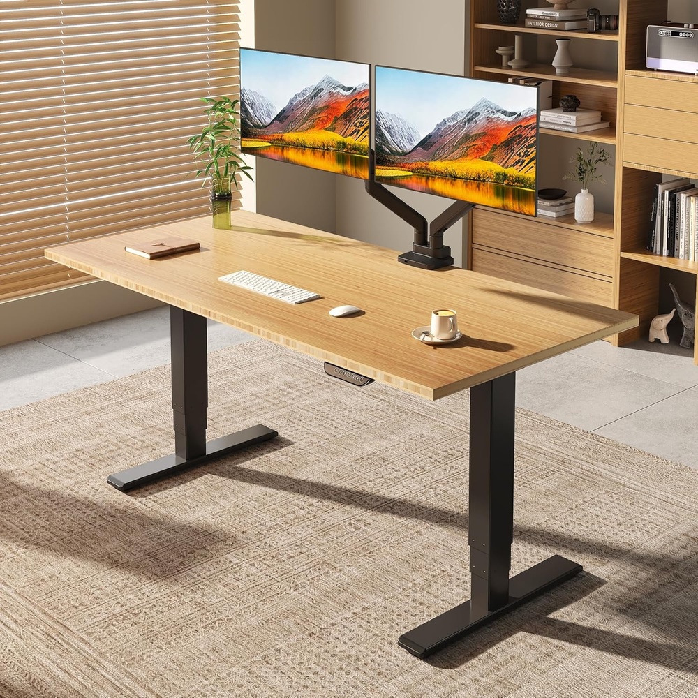 image:imageFLEXISPOT E6 MAX Bamboo 55x28 Inch Dual Motor 3Stage Heavy Duty Standing Desk 330lbs Weight Capacity Height Adjustable Desk wCable Management amp Wheels Solid Bamboo Desktop White FrameBlack Frame Bamboo Top