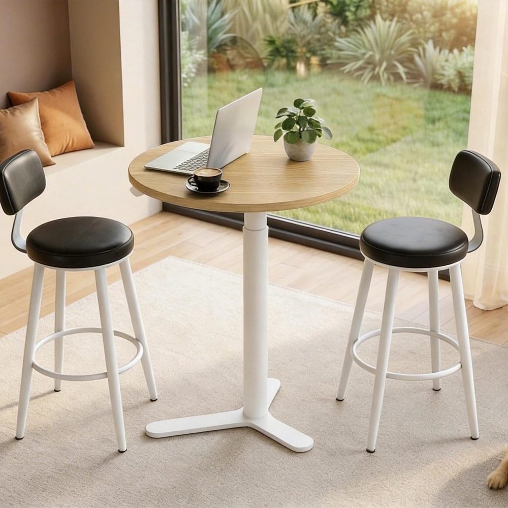 image:imageFLEXISPOT Gas Spring Adjustable Bar Table with OneTouch Lift Flexible Height 258413 197 Round HighTop Pub Table for Balcony Kitchen Apartment amp Small Spaces BlackLight Oak