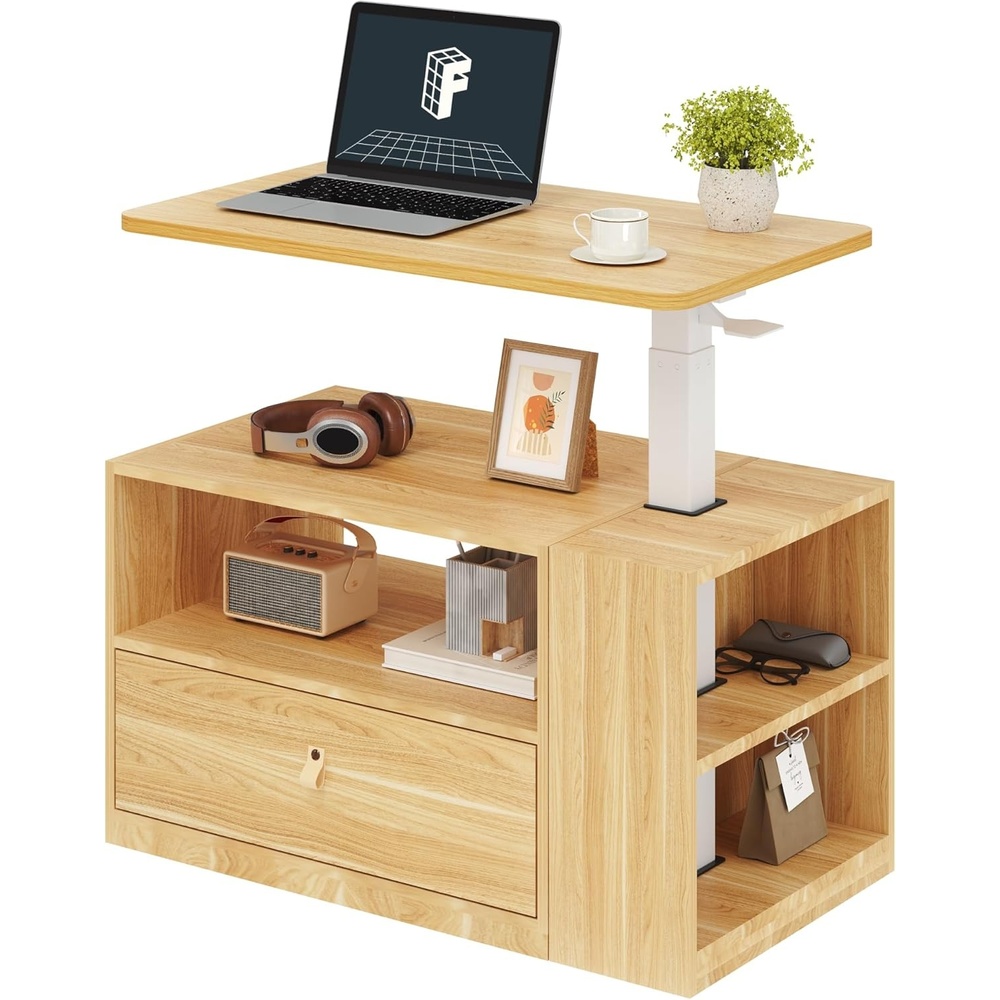 image:imageFLEXISPOT H7 CAB Height Adjustable SitStand Computer Workstation Desk with Storage Pneumatic Lift Laptop Desk with Drawer amp Cabinet Compact Small Space Home Office Desk 258413 WhiteMaple Set