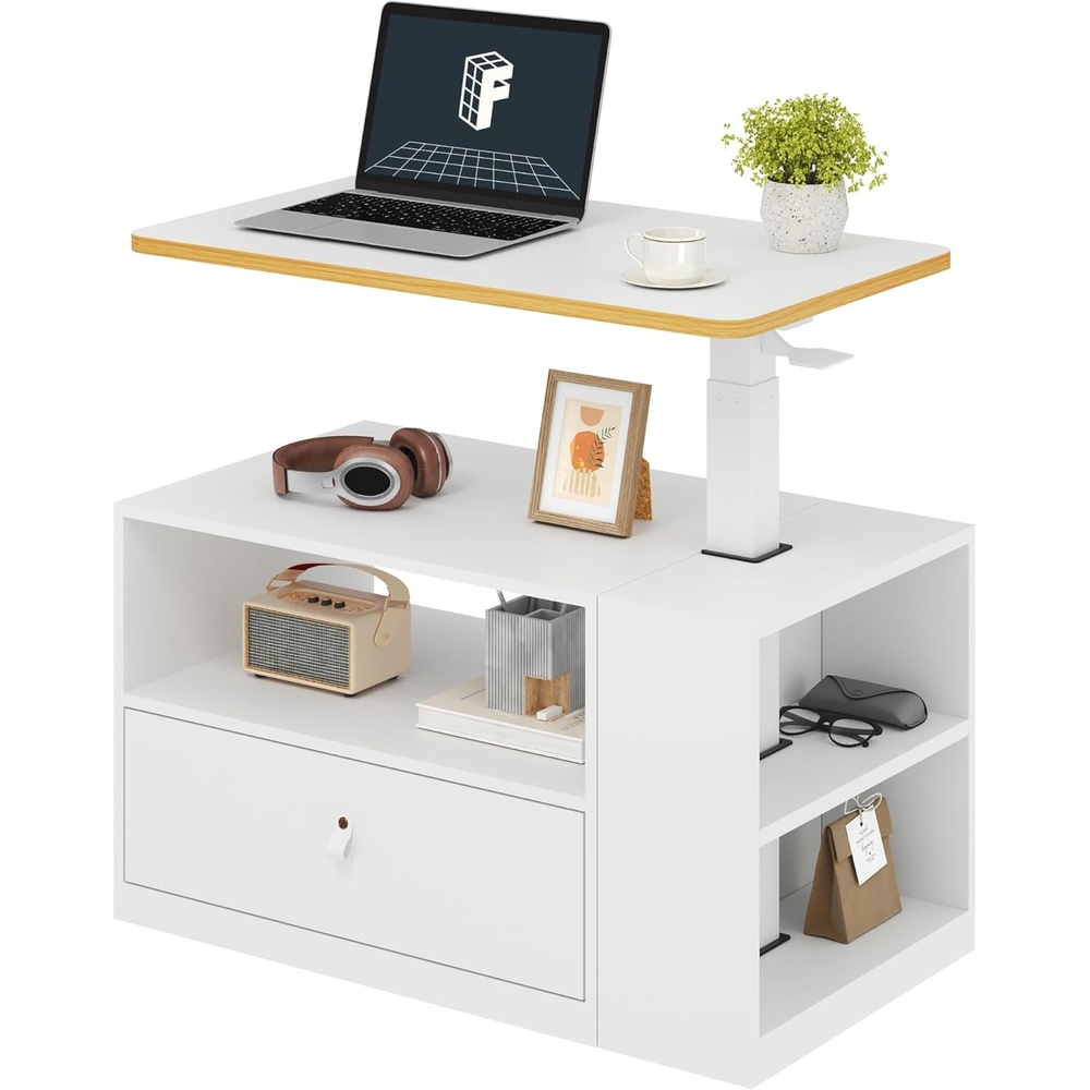 image:imageFLEXISPOT H7 CAB Height Adjustable SitStand Computer Workstation Desk with Storage Pneumatic Lift Laptop Desk with Drawer amp Cabinet Compact Small Space Home Office Desk 258413 WhiteWhitemaple