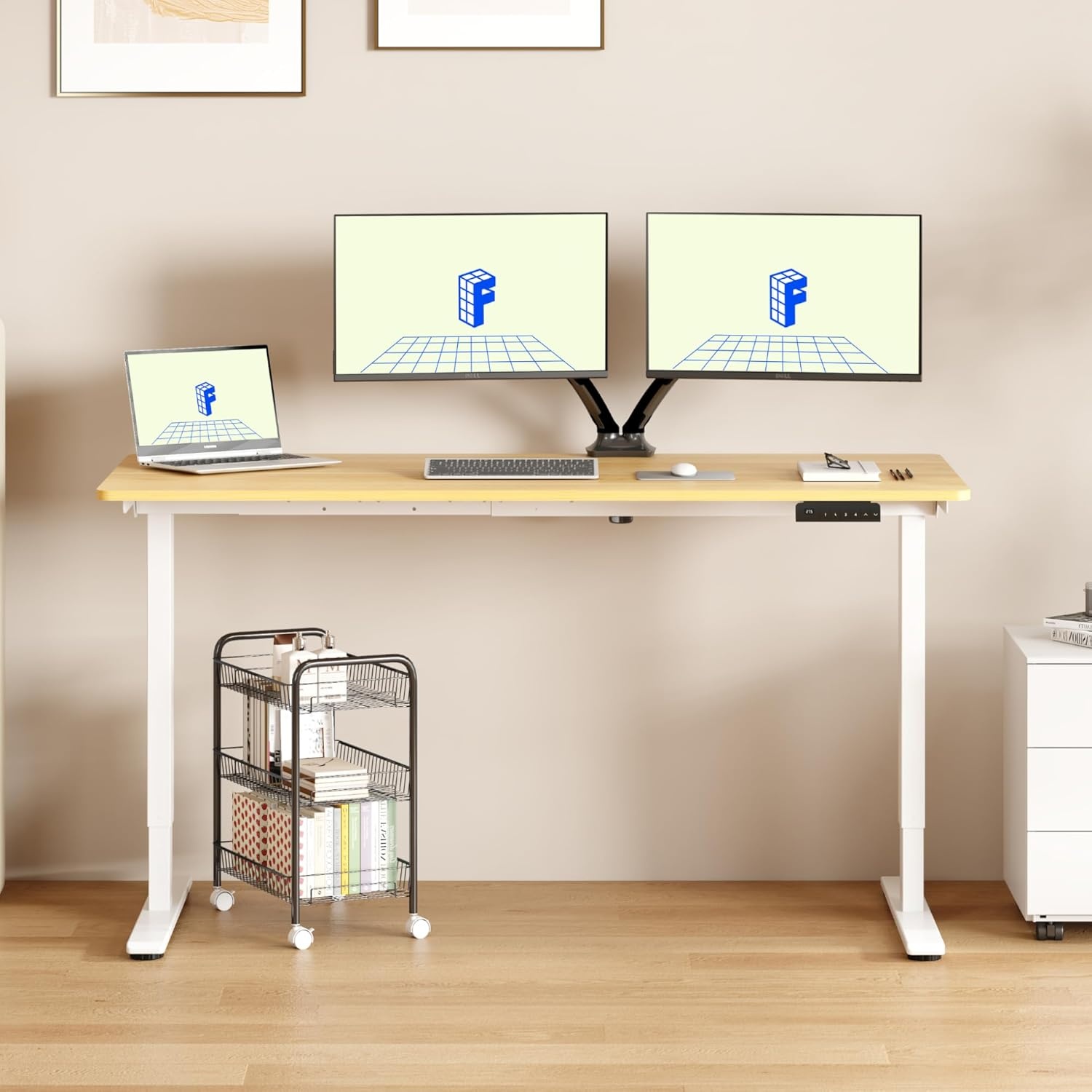 image:imageFLEXISPOT E3 Dual Motor Electric Standing Desk 48 x 24 Sit Stand Up Desk Holds 220 lbs Adjustable Height wMemory Presets OnePiece Black Desktop amp Black Frame Ships in 2 BoxesWhite Frame Maple Top