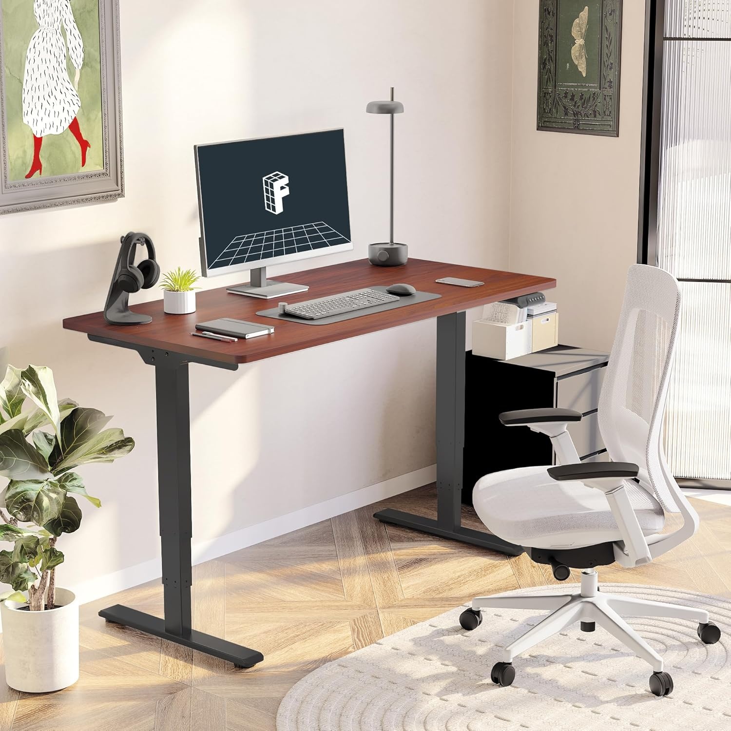 image:imageFLEXISPOT E6 3Stage Dual Motor Electric Standing Desk 55 x 28 Sit Stand Up Desk Holds 220 lbs Adjustable Height wMemory Presets OnePiece Special Walnut Desktop amp Black Frame Ships in 2 BoxesBlack Frame Mahogany Top
