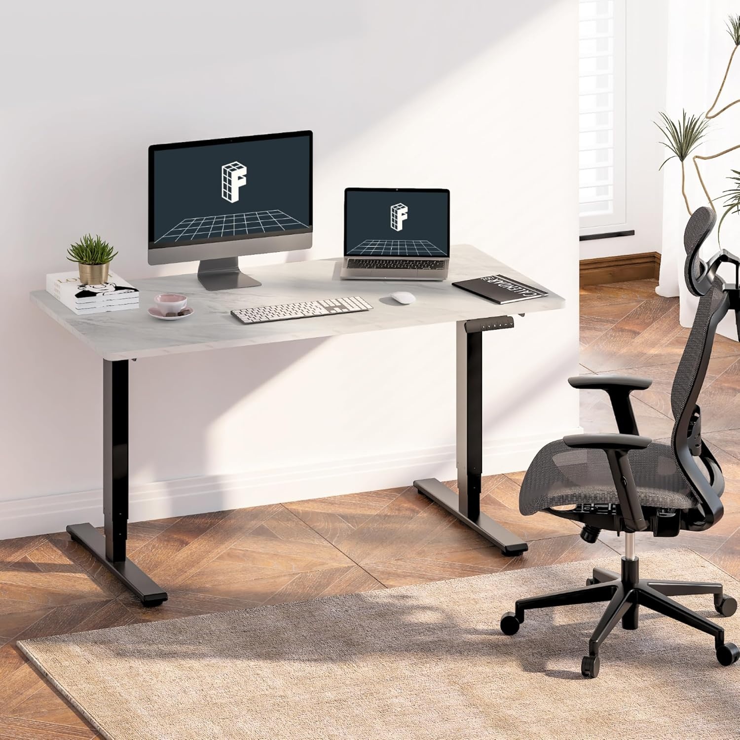 image:imageFLEXISPOT E6 3Stage Dual Motor Electric Standing Desk 55 x 28 Sit Stand Up Desk Holds 220 lbs Adjustable Height wMemory Presets OnePiece Special Walnut Desktop amp Black Frame Ships in 2 BoxesBlack Frame Marble Grey Top