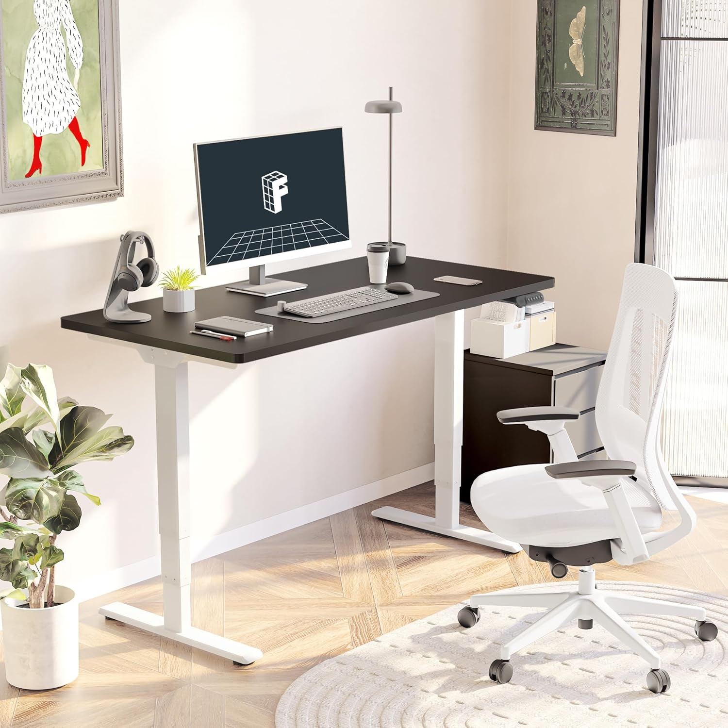 image:imageFLEXISPOT E6 3Stage Dual Motor Electric Standing Desk 55 x 28 Sit Stand Up Desk Holds 220 lbs Adjustable Height wMemory Presets OnePiece Special Walnut Desktop amp Black Frame Ships in 2 BoxesWhite Frame Black Top