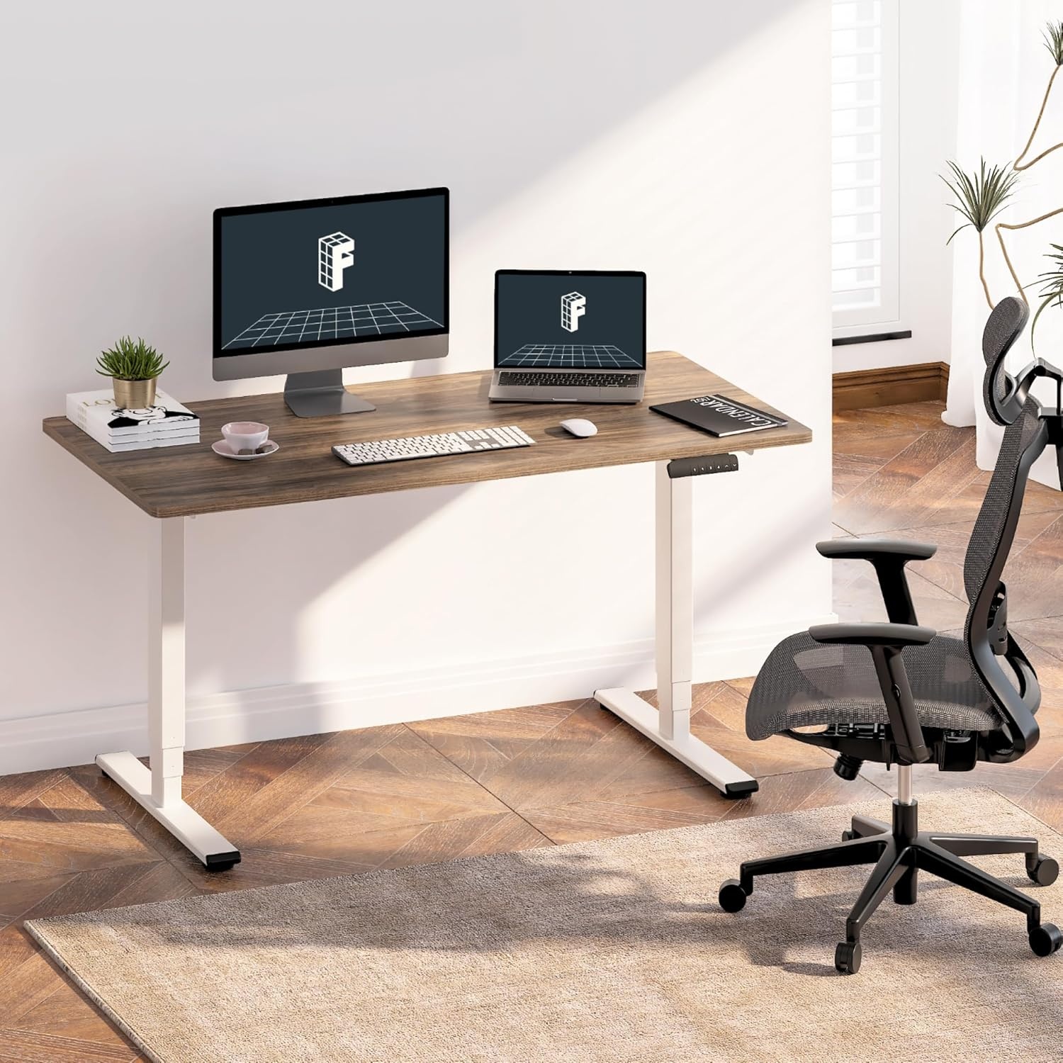 image:imageFLEXISPOT E6 3Stage Dual Motor Electric Standing Desk 55 x 28 Sit Stand Up Desk Holds 220 lbs Adjustable Height wMemory Presets OnePiece Special Walnut Desktop amp Black Frame Ships in 2 BoxesWhite Frame Brown Wood Top