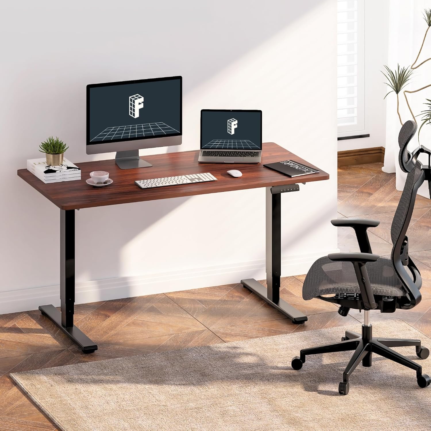 image:imageFLEXISPOT E6 3Stage Dual Motor Electric Standing Desk 55 x 28 Sit Stand Up Desk Holds 220 lbs Adjustable Height wMemory Presets OnePiece Special Walnut Desktop amp Black Frame Ships in 2 BoxesBlack Frame Mahogany Top