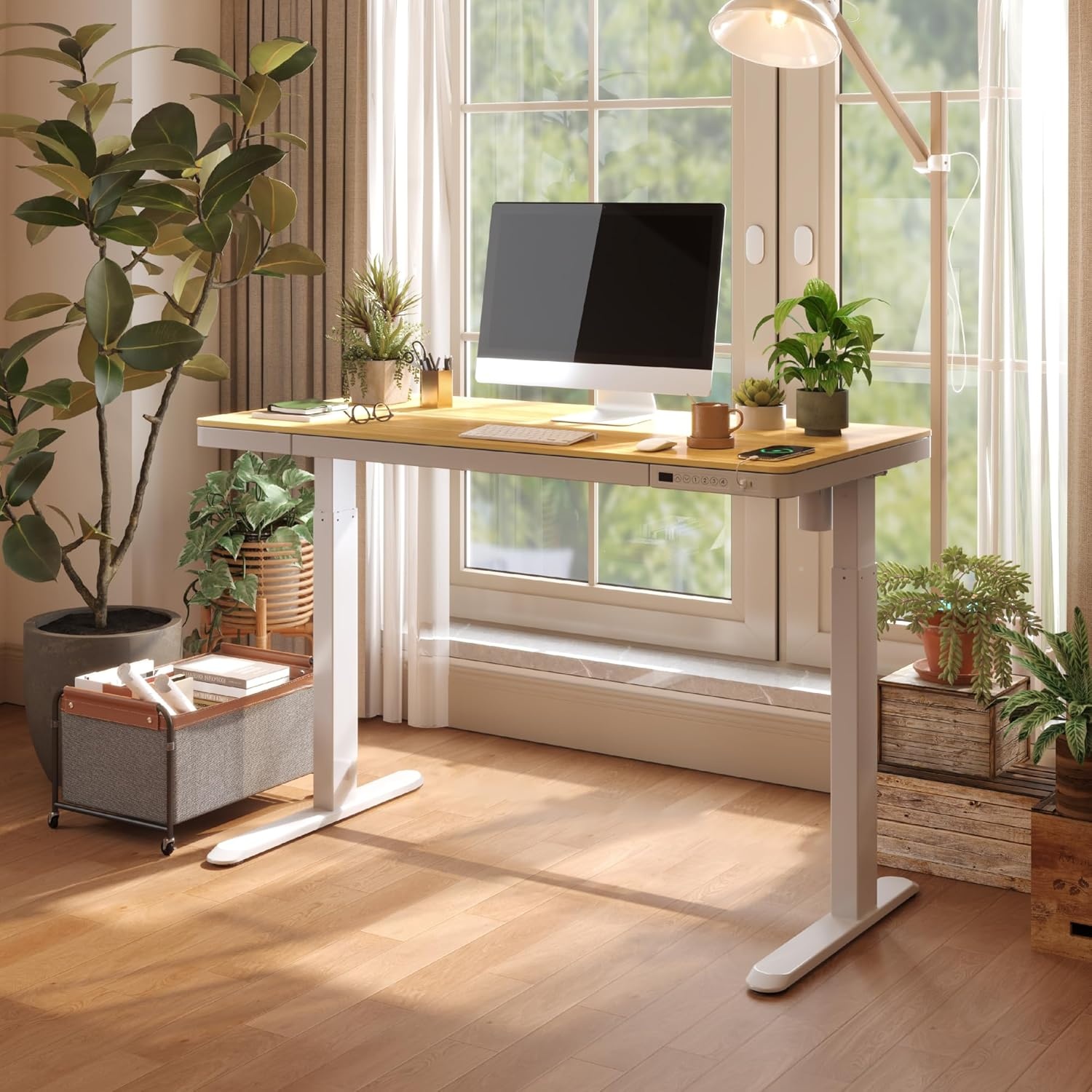 image:imageFLEXISPOT Q8 55 Bamboo Standing Desk Dual Motor 3 Stages Adjustable Height Electric Computer Workstation wWireless Charging Drawer Quick Install 220lbs Capacity Bamboo Tabletop White FrameNaturalWhite