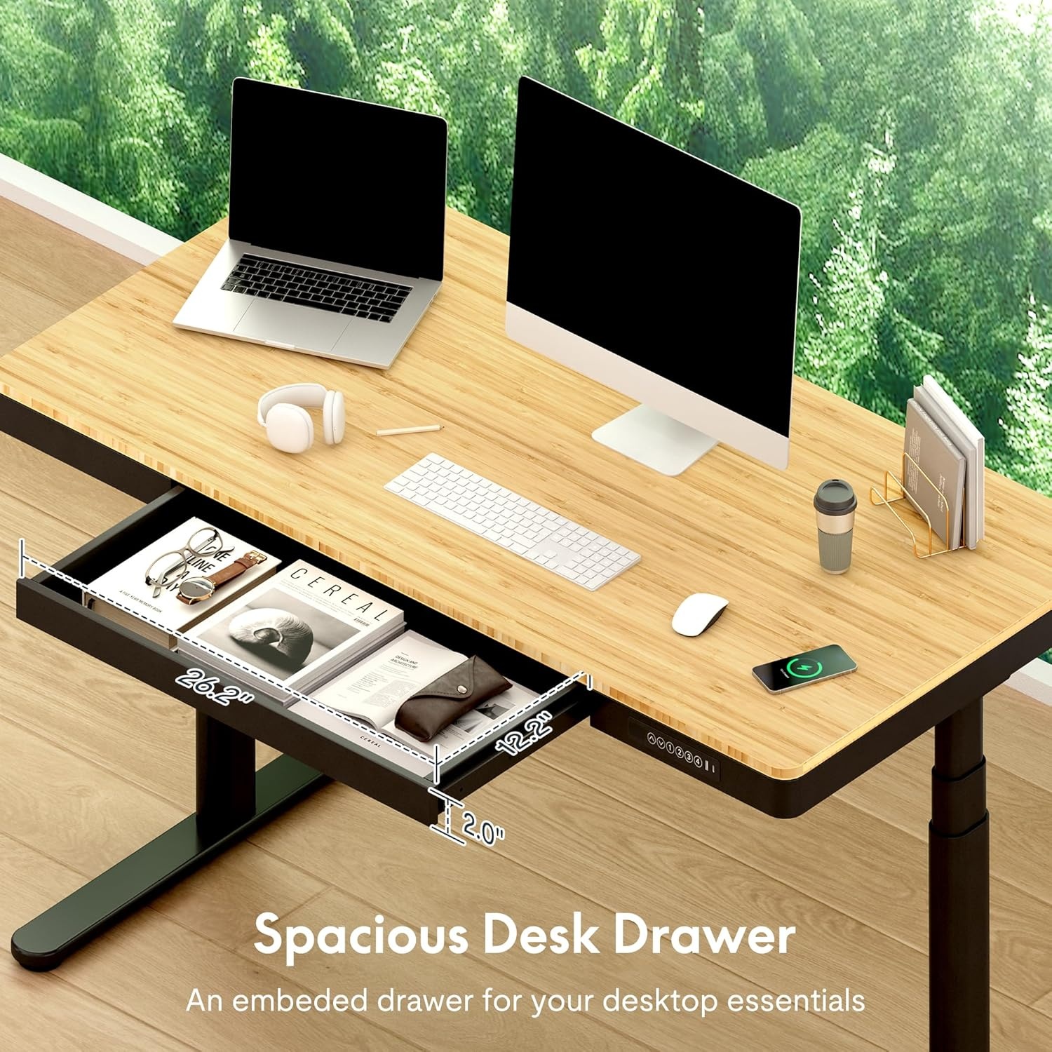 image:imageFLEXISPOT Q8 55 Bamboo Standing Desk Dual Motor 3 Stages Adjustable Height Electric Computer Workstation wWireless Charging Drawer Quick Install 220lbs Capacity Bamboo Tabletop White FrameBambooBlack