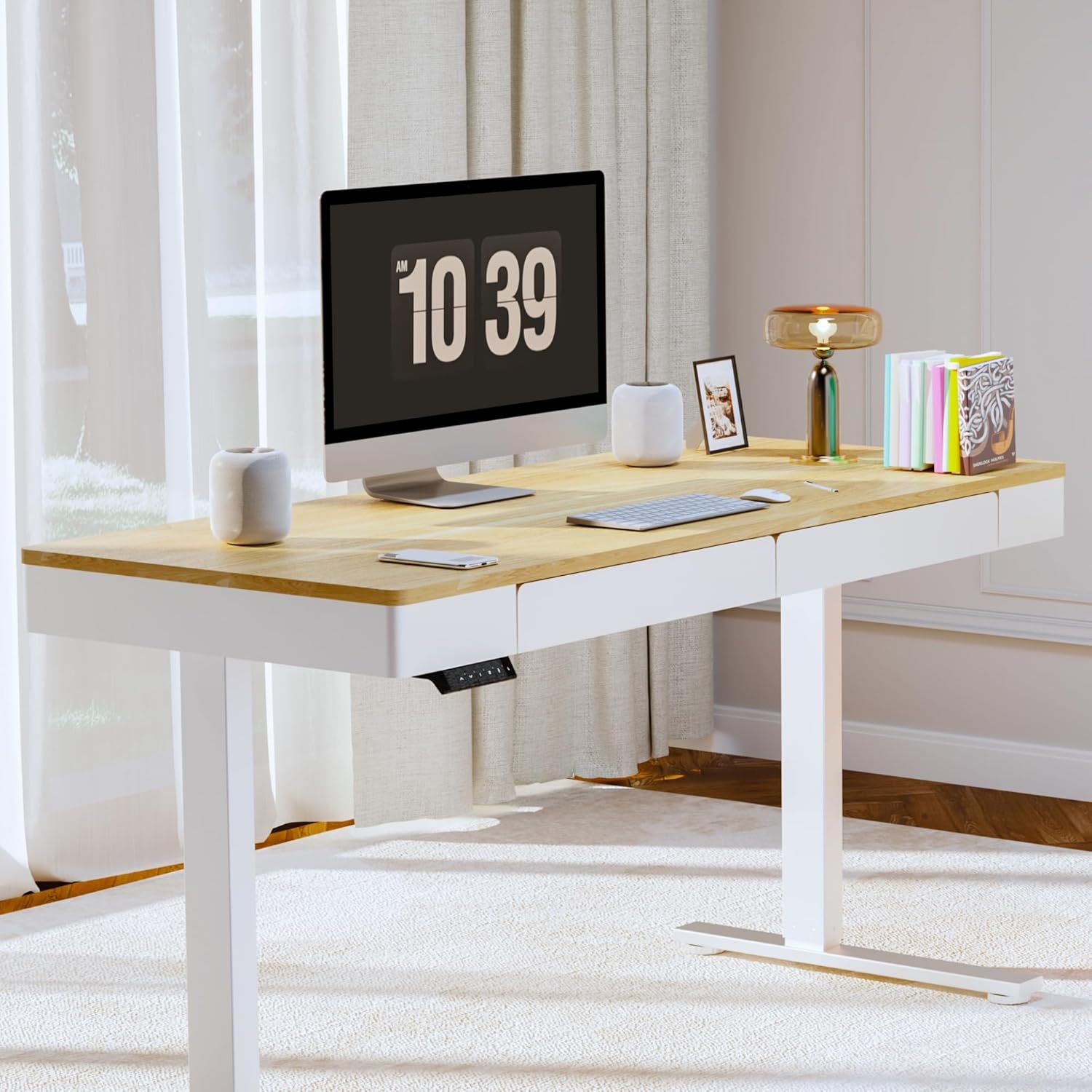image:imageFLEXISPOT Q8 55 Bamboo Standing Desk Dual Motor 3 Stages Adjustable Height Electric Computer Workstation wWireless Charging Drawer Quick Install 220lbs Capacity Bamboo Tabletop White FrameMaple
