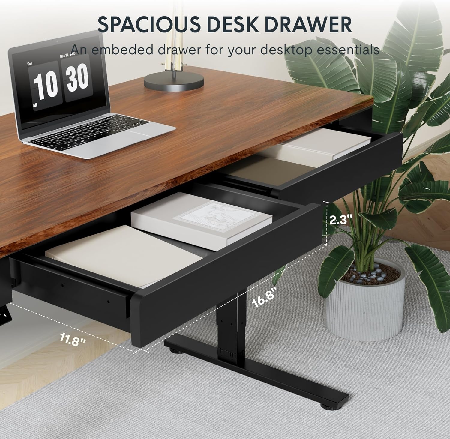 image:imageFLEXISPOT Q8 55 Bamboo Standing Desk Dual Motor 3 Stages Adjustable Height Electric Computer Workstation wWireless Charging Drawer Quick Install 220lbs Capacity Bamboo Tabletop White FrameDark Walnut