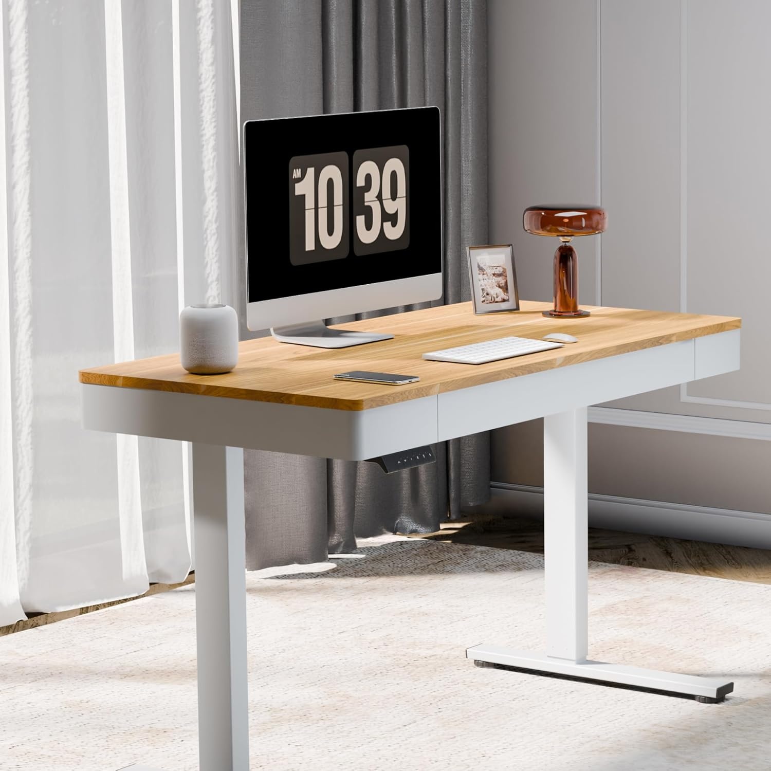 image:imageFLEXISPOT Q8 55 Bamboo Standing Desk Dual Motor 3 Stages Adjustable Height Electric Computer Workstation wWireless Charging Drawer Quick Install 220lbs Capacity Bamboo Tabletop White FrameMaple
