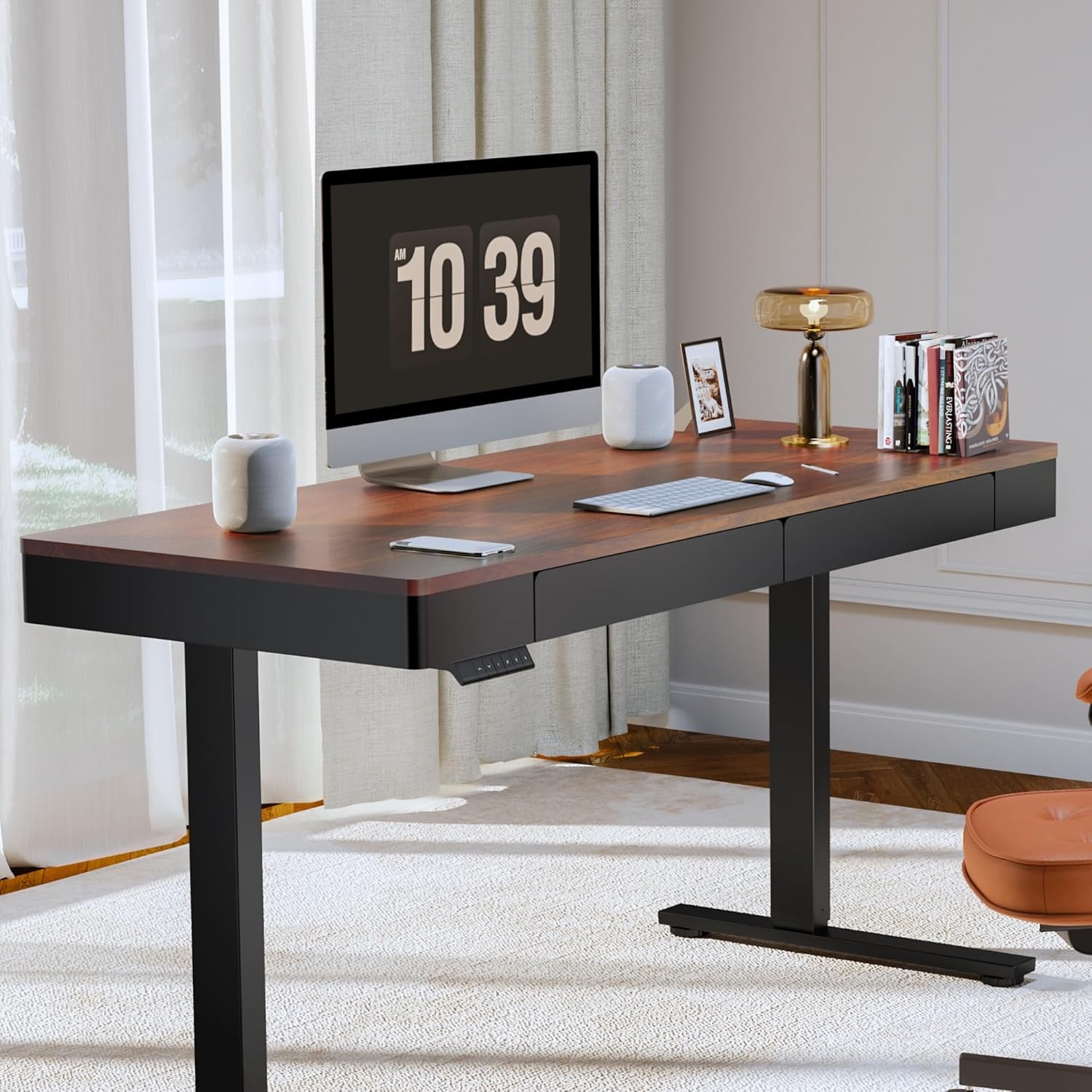 image:imageFLEXISPOT Q8 55 Bamboo Standing Desk Dual Motor 3 Stages Adjustable Height Electric Computer Workstation wWireless Charging Drawer Quick Install 220lbs Capacity Bamboo Tabletop White FrameDark Walnut
