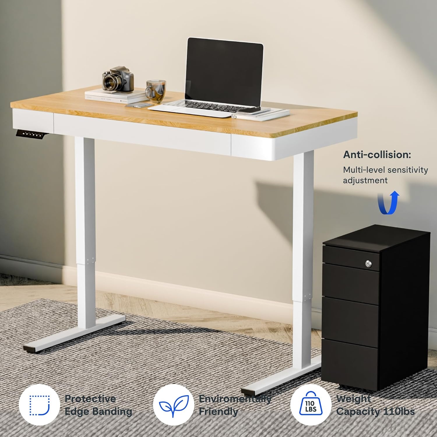 image:imageFLEXISPOT Q8 55 Bamboo Standing Desk Dual Motor 3 Stages Adjustable Height Electric Computer Workstation wWireless Charging Drawer Quick Install 220lbs Capacity Bamboo Tabletop White FrameMaple