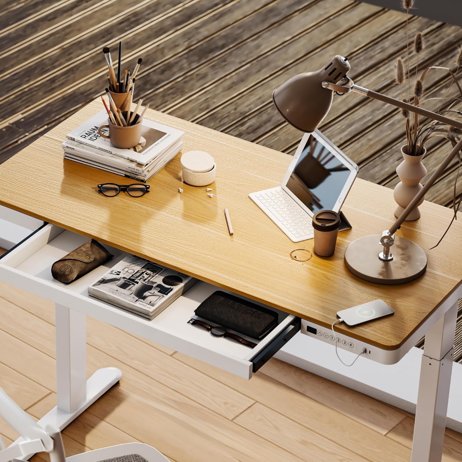 image:imageFLEXISPOT Q8 55 Bamboo Standing Desk Dual Motor 3 Stages Adjustable Height Electric Computer Workstation wWireless Charging Drawer Quick Install 220lbs Capacity Bamboo Tabletop White FrameNaturalWhite