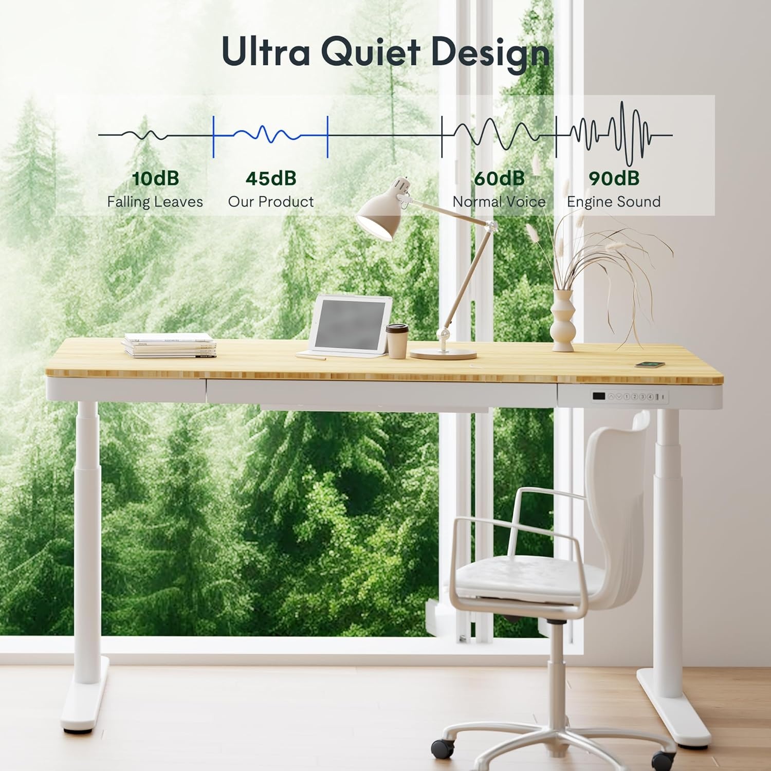 image:imageFLEXISPOT Q8 55 Bamboo Standing Desk Dual Motor 3 Stages Adjustable Height Electric Computer Workstation wWireless Charging Drawer Quick Install 220lbs Capacity Bamboo Tabletop White FrameBambooWhite