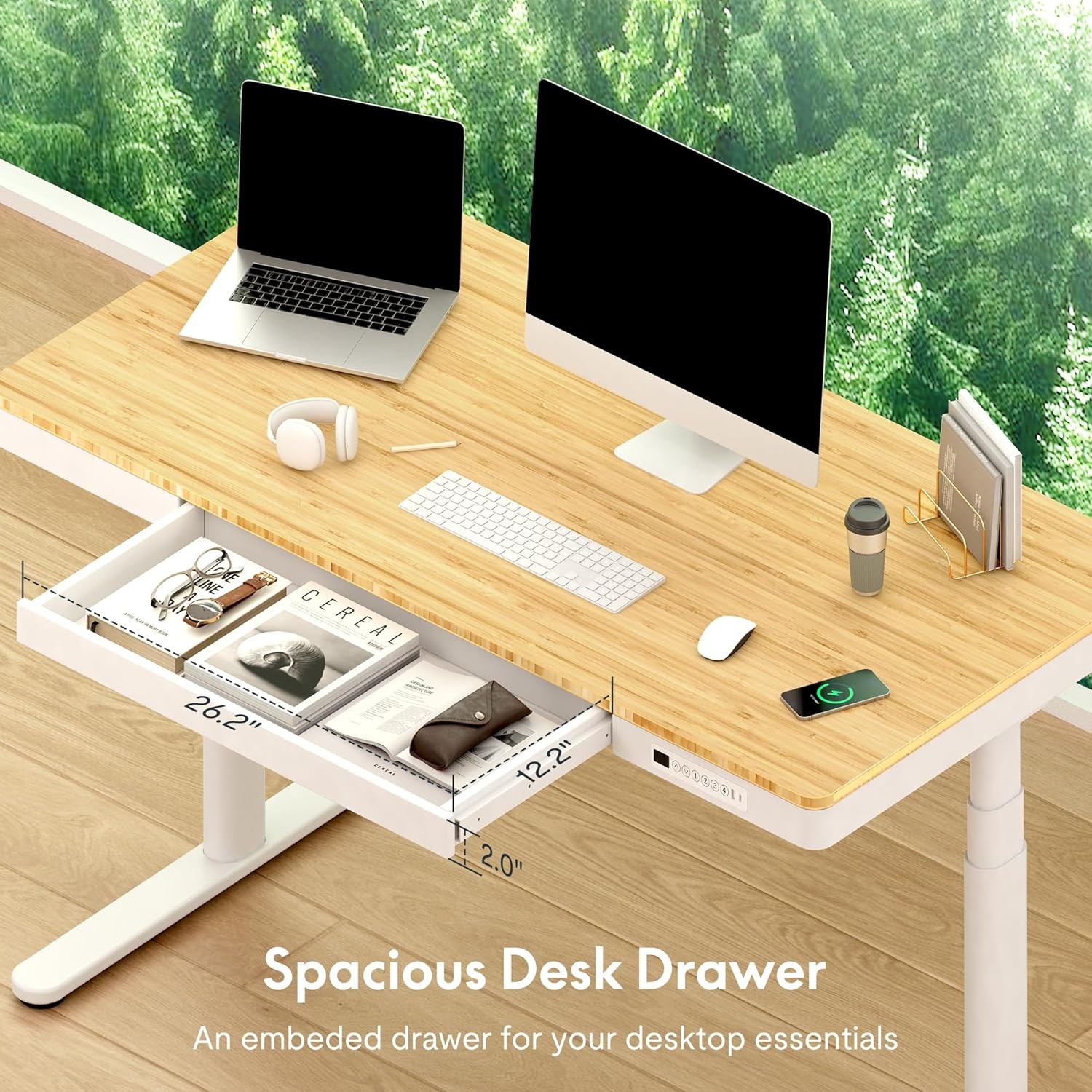 image:imageFLEXISPOT Q8 55 Bamboo Standing Desk Dual Motor 3 Stages Adjustable Height Electric Computer Workstation wWireless Charging Drawer Quick Install 220lbs Capacity Bamboo Tabletop White FrameBambooWhite