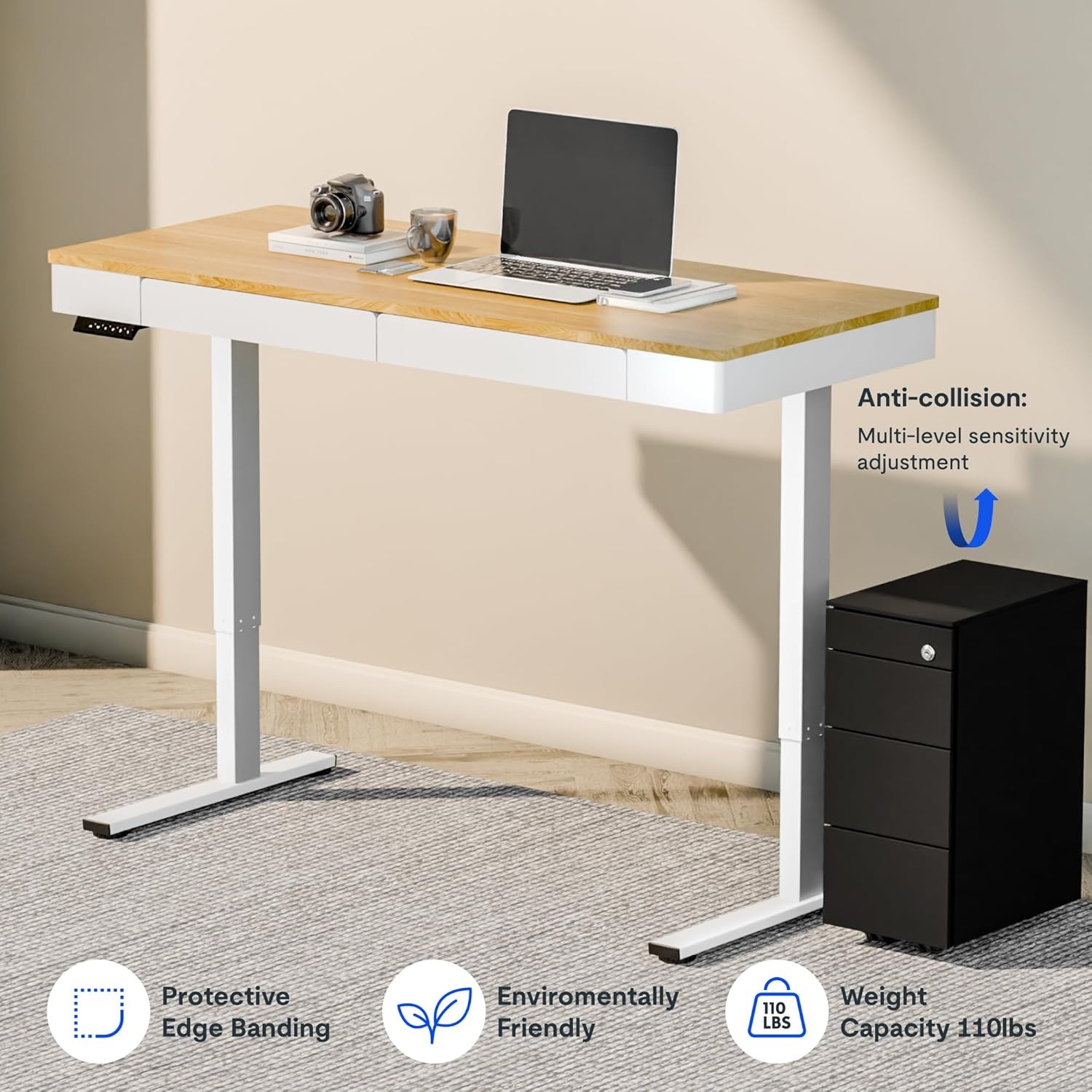 image:imageFLEXISPOT Q8 55 Bamboo Standing Desk Dual Motor 3 Stages Adjustable Height Electric Computer Workstation wWireless Charging Drawer Quick Install 220lbs Capacity Bamboo Tabletop White FrameMaple