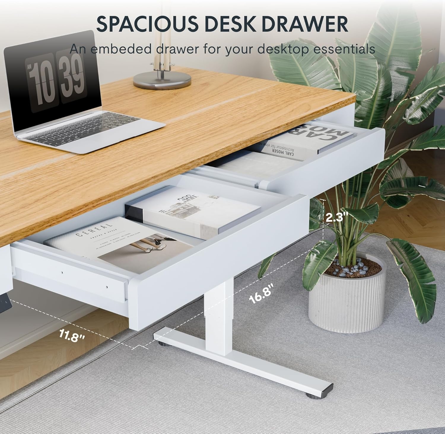 image:imageFLEXISPOT Q8 55 Bamboo Standing Desk Dual Motor 3 Stages Adjustable Height Electric Computer Workstation wWireless Charging Drawer Quick Install 220lbs Capacity Bamboo Tabletop White FrameMaple