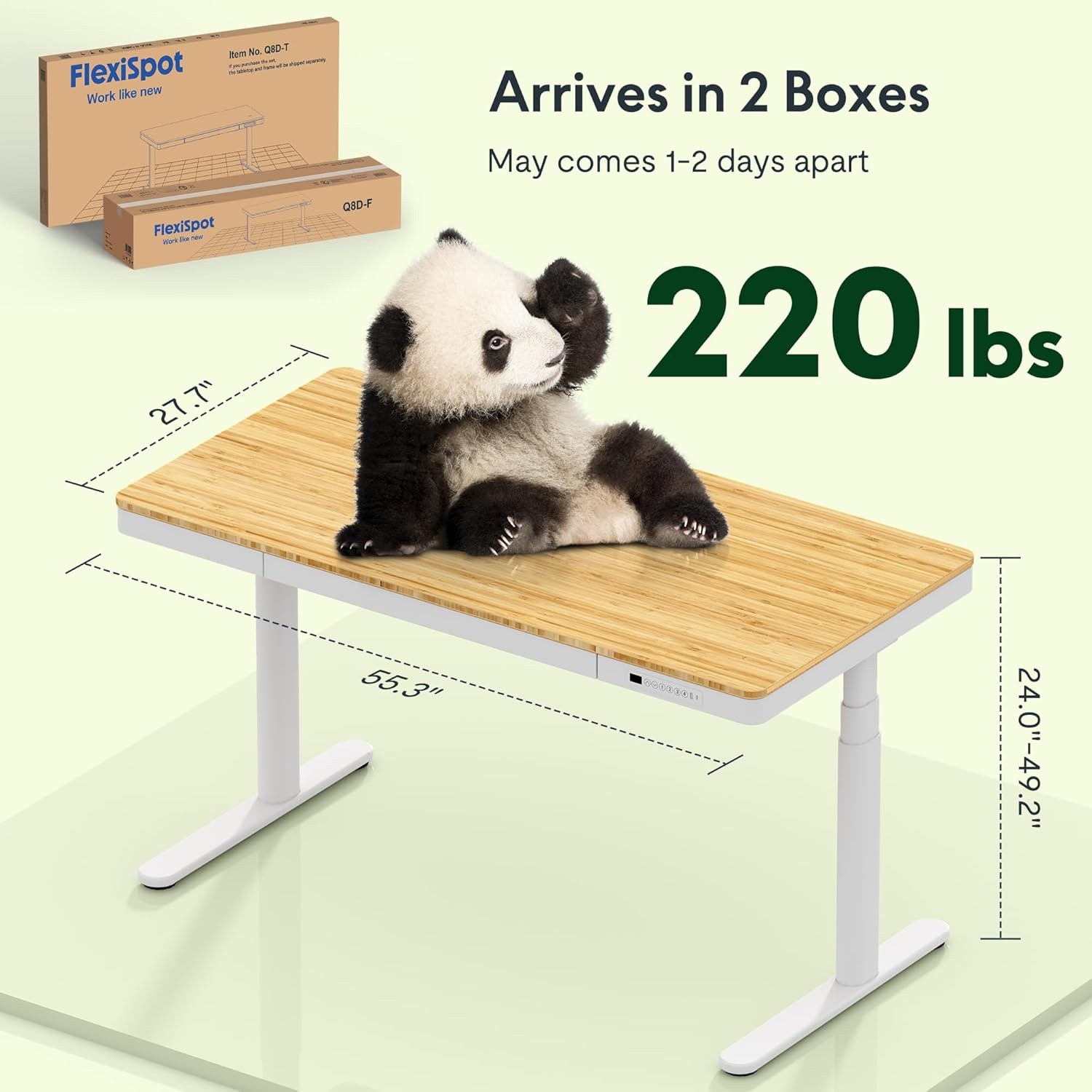 image:imageFLEXISPOT Q8 55 Bamboo Standing Desk Dual Motor 3 Stages Adjustable Height Electric Computer Workstation wWireless Charging Drawer Quick Install 220lbs Capacity Bamboo Tabletop White FrameBambooWhite