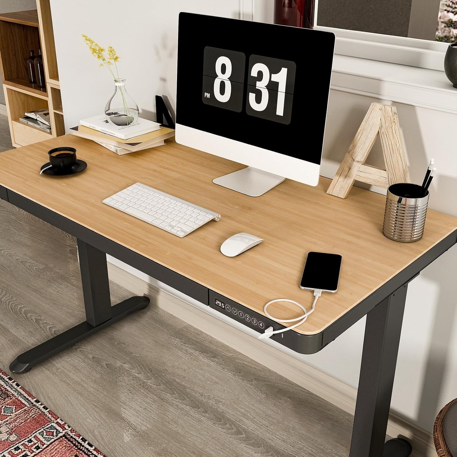 image:imageFLEXISPOT Q8 55 Bamboo Standing Desk Dual Motor 3 Stages Adjustable Height Electric Computer Workstation wWireless Charging Drawer Quick Install 220lbs Capacity Bamboo Tabletop White FrameNaturalBlack