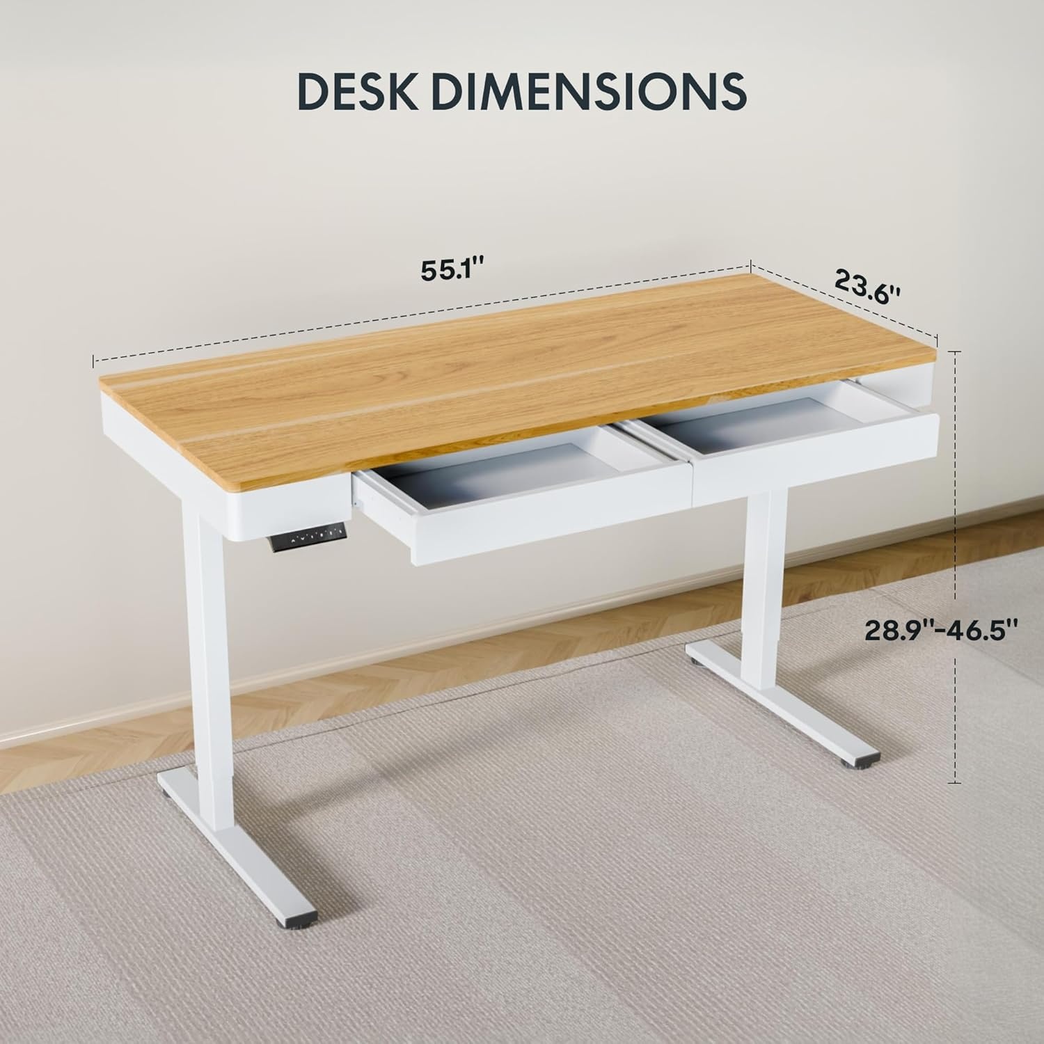 image:imageFLEXISPOT Q8 55 Bamboo Standing Desk Dual Motor 3 Stages Adjustable Height Electric Computer Workstation wWireless Charging Drawer Quick Install 220lbs Capacity Bamboo Tabletop White FrameMaple