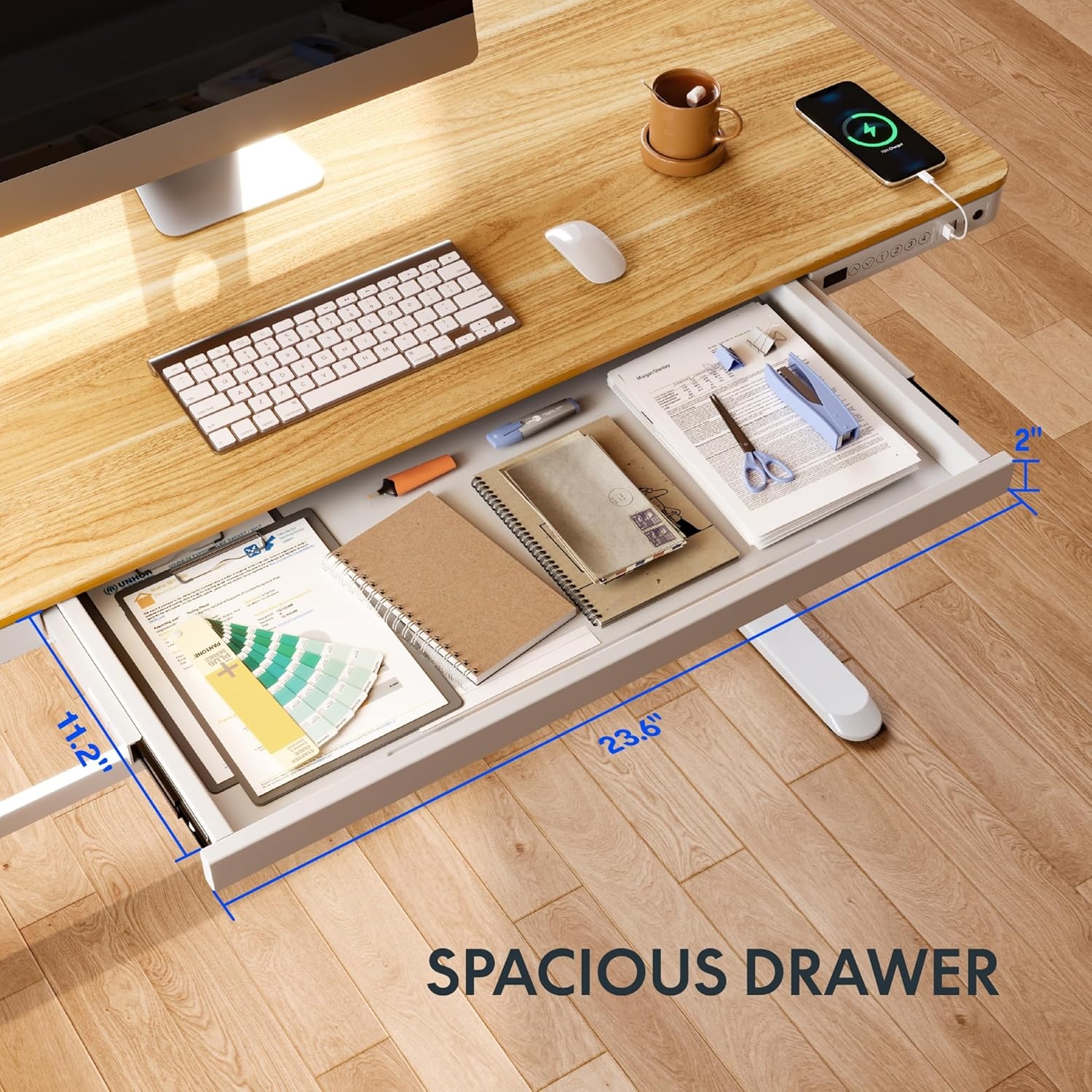 image:imageFLEXISPOT Q8 55 Bamboo Standing Desk Dual Motor 3 Stages Adjustable Height Electric Computer Workstation wWireless Charging Drawer Quick Install 220lbs Capacity Bamboo Tabletop White FrameNaturalWhite