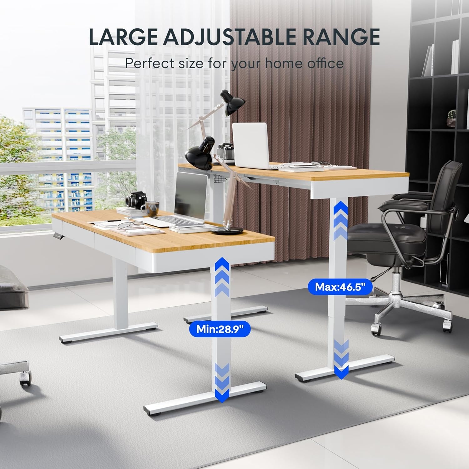 image:imageFLEXISPOT Q8 55 Bamboo Standing Desk Dual Motor 3 Stages Adjustable Height Electric Computer Workstation wWireless Charging Drawer Quick Install 220lbs Capacity Bamboo Tabletop White FrameMaple