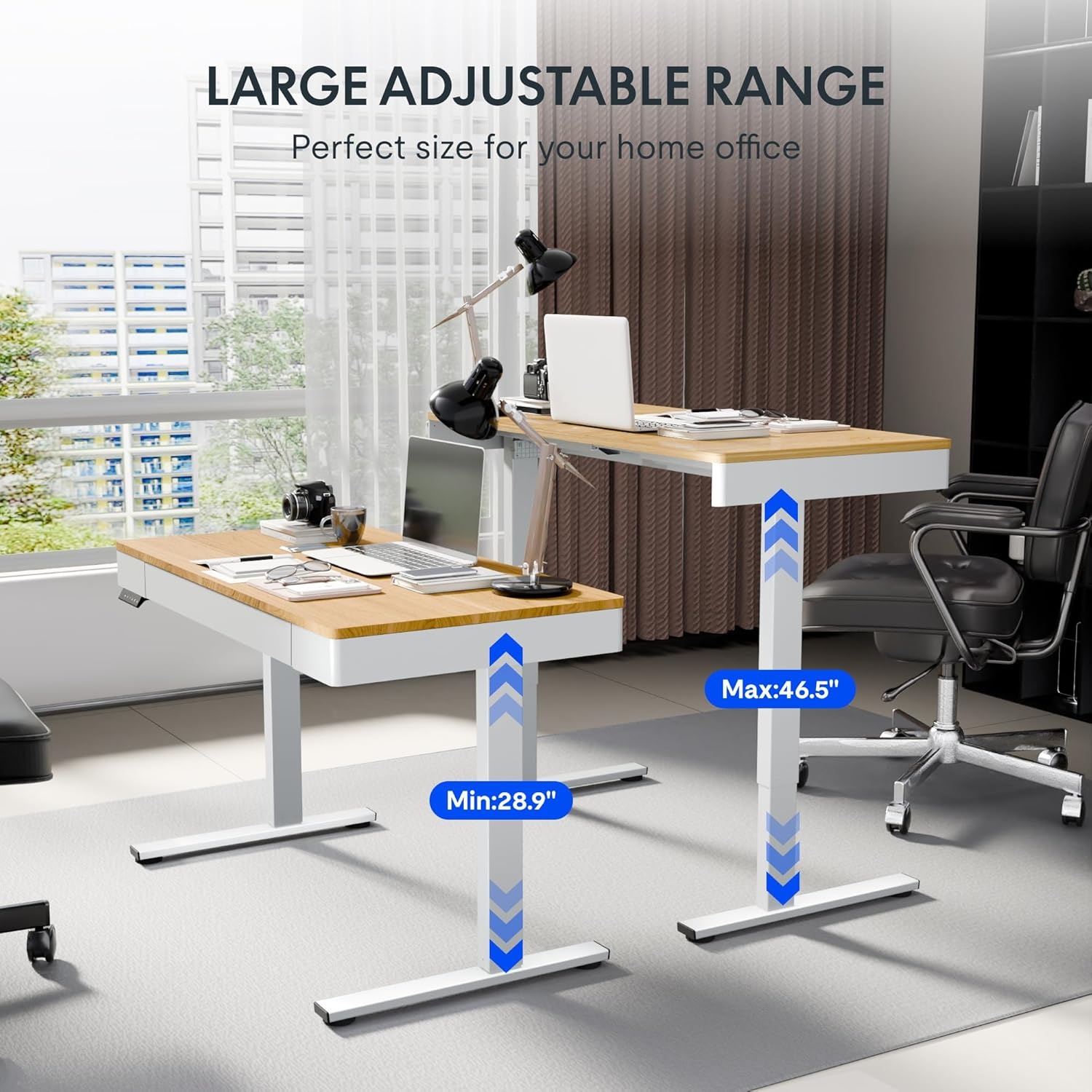 image:imageFLEXISPOT Q8 55 Bamboo Standing Desk Dual Motor 3 Stages Adjustable Height Electric Computer Workstation wWireless Charging Drawer Quick Install 220lbs Capacity Bamboo Tabletop White FrameMaple