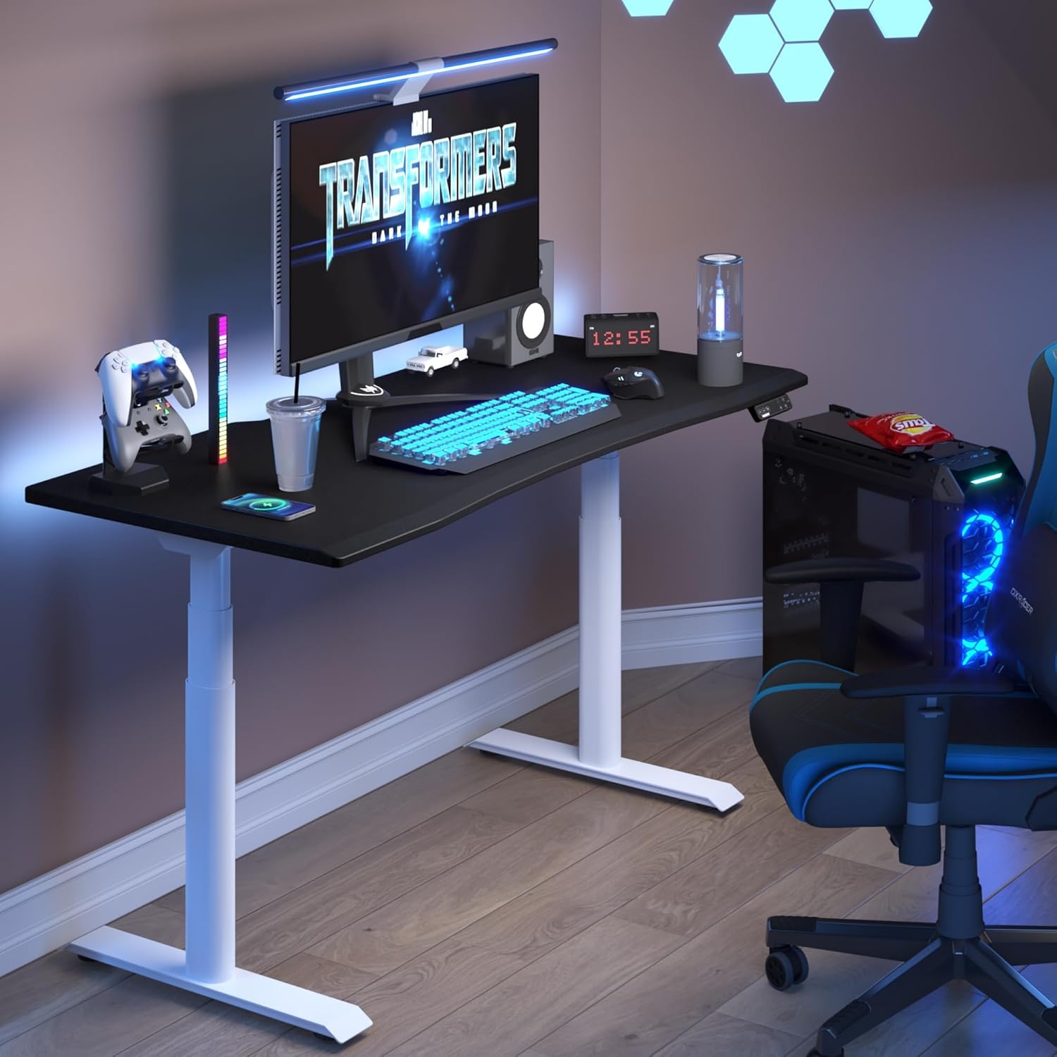 image:imageFLEXISPOT Z8 Luxe Oval Leg Gaming Standing Desk 55x28 in Electric Adjustable Height for MOBA Games Computer Desk for Home Office Gamer with Dual Motors USB Ports Whole Piece Black Frame Black TopWhite E8 Frame Black Top Moba