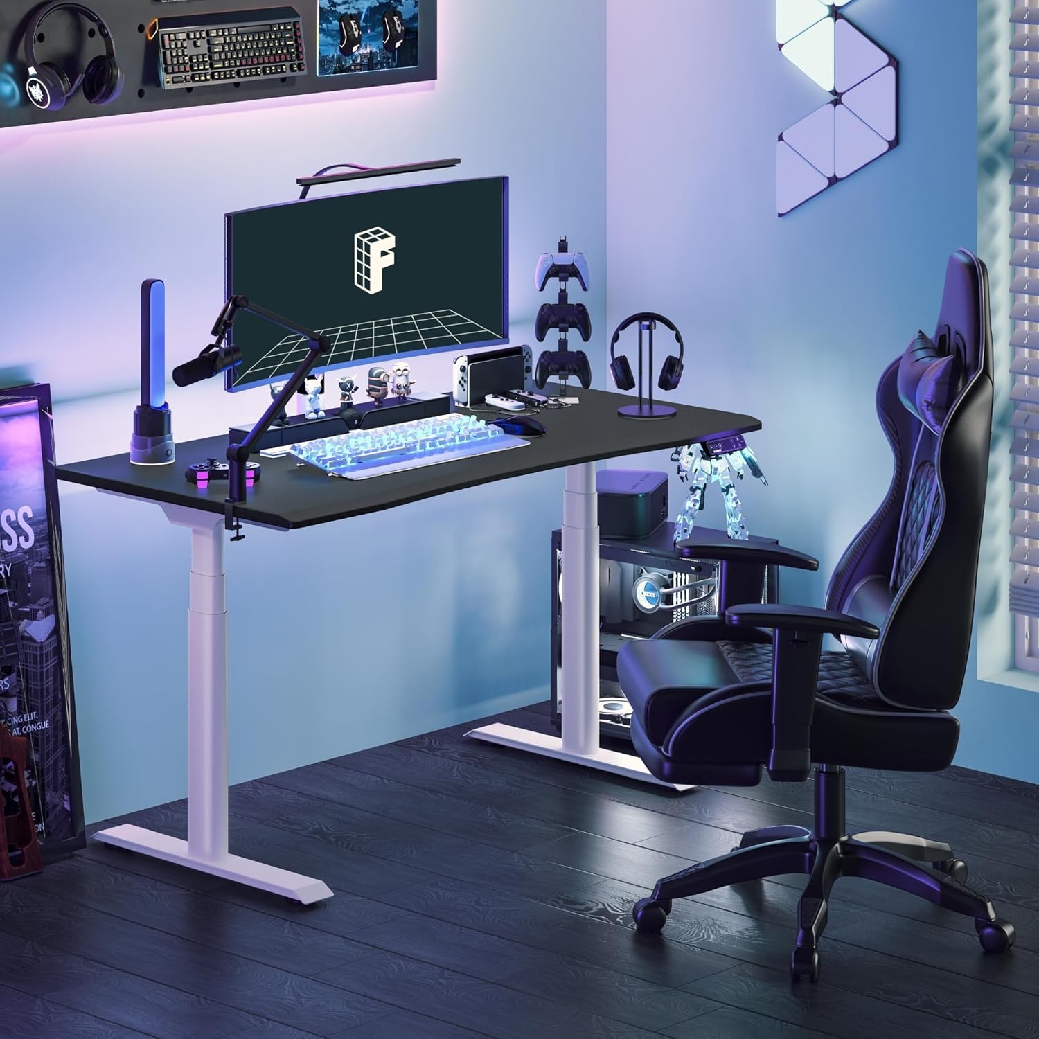 image:imageFLEXISPOT Z8 Luxe Oval Leg Gaming Standing Desk 55x28 in Electric Adjustable Height for MOBA Games Computer Desk for Home Office Gamer with Dual Motors USB Ports Whole Piece Black Frame Black TopWhite E8 Frame Black Top Fps