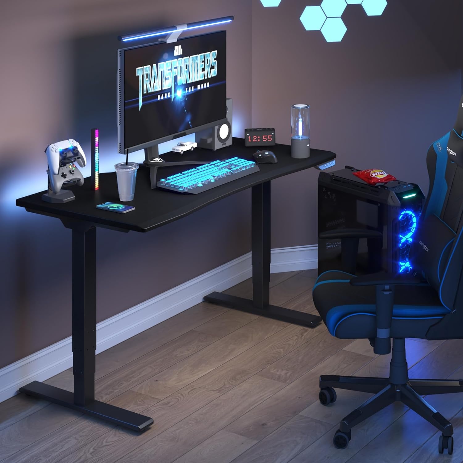 image:imageFLEXISPOT Z8 Luxe Oval Leg Gaming Standing Desk 55x28 in Electric Adjustable Height for MOBA Games Computer Desk for Home Office Gamer with Dual Motors USB Ports Whole Piece Black Frame Black TopBlack E6 Frame Black Top Moba