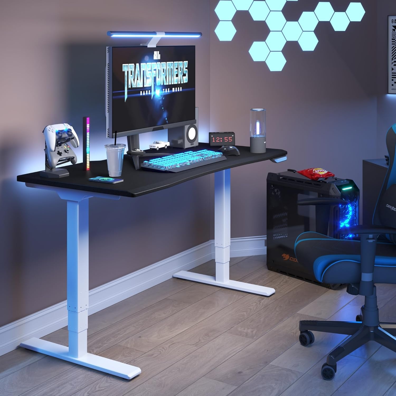 image:imageFLEXISPOT Z8 Luxe Oval Leg Gaming Standing Desk 55x28 in Electric Adjustable Height for MOBA Games Computer Desk for Home Office Gamer with Dual Motors USB Ports Whole Piece Black Frame Black TopWhite E6 Frame Black Top Moba