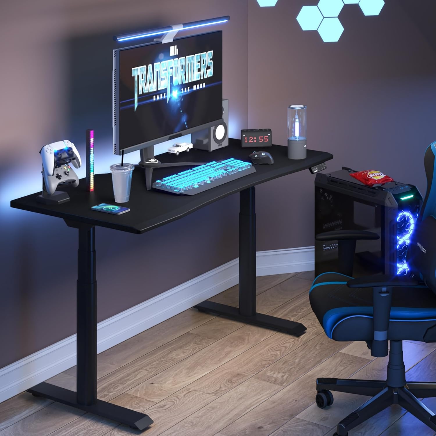 image:imageFLEXISPOT Z8 Luxe Oval Leg Gaming Standing Desk 55x28 in Electric Adjustable Height for MOBA Games Computer Desk for Home Office Gamer with Dual Motors USB Ports Whole Piece Black Frame Black TopBlack E8 Frame Black Top Moba