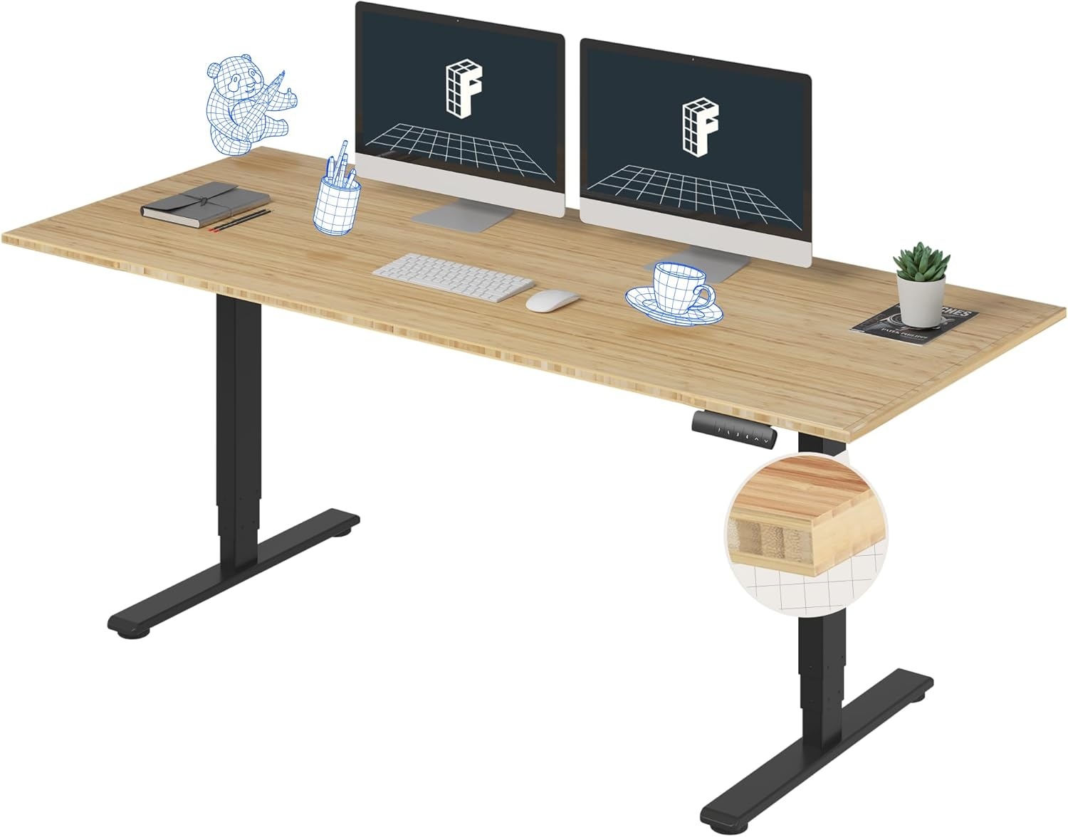 image:imageFlexiSpot E6 Bamboo 3Stage Dual Motor Electric Standing Desk 55 x 28 Sit Stand Up Desk Holds 220 lbs Adjustable Height w Memory Presets Solid Bamboo Desktop amp Black Frame Ships in 2 BoxesBlack Frametop