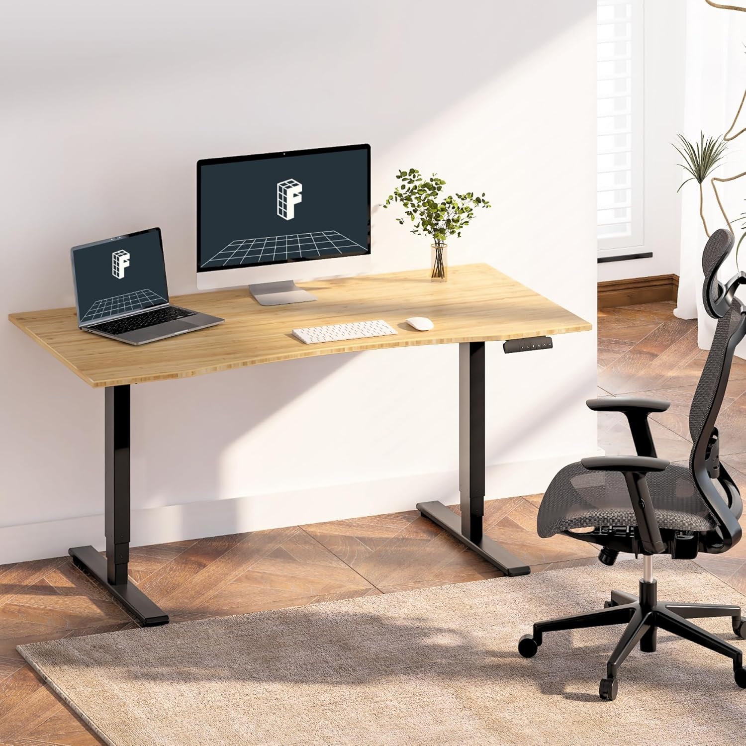 image:imageFlexiSpot E6 Bamboo 3Stage Dual Motor Electric Standing Desk 55 x 28 Sit Stand Up Desk Holds 220 lbs Adjustable Height w Memory Presets Solid Bamboo Desktop amp Black Frame Ships in 2 BoxesBlack Framecurved Top