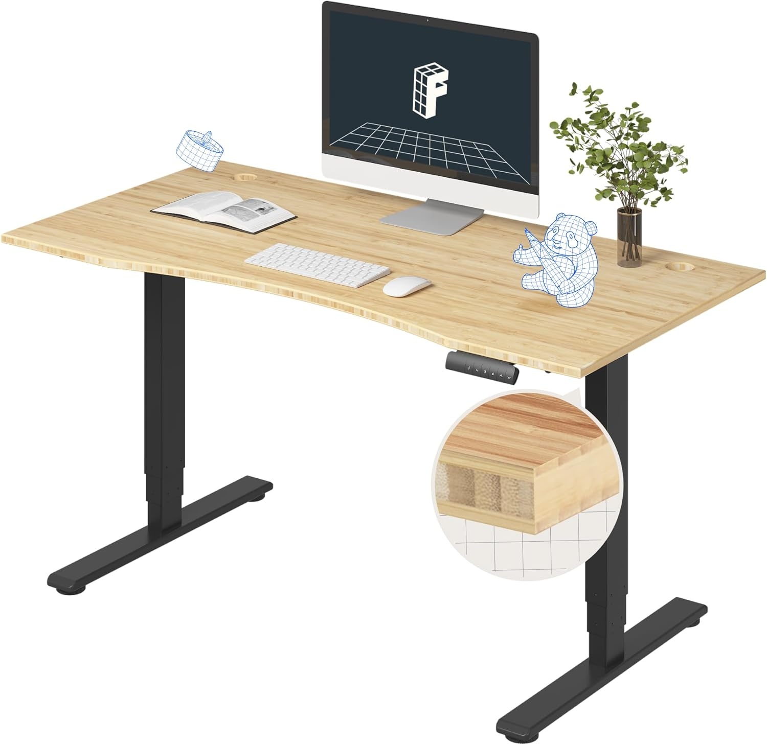 image:imageFlexiSpot E6 Bamboo 3Stage Dual Motor Electric Standing Desk 55 x 28 Sit Stand Up Desk Holds 220 lbs Adjustable Height w Memory Presets Solid Bamboo Desktop amp Black Frame Ships in 2 BoxesBlack Framecurved Top