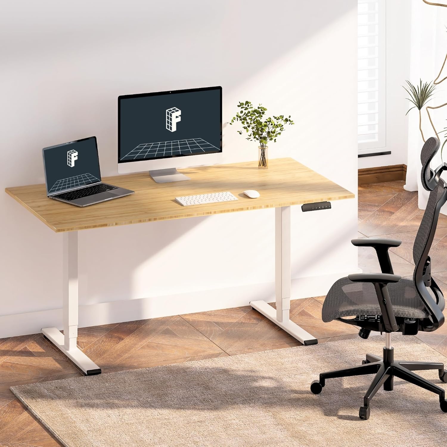 image:imageFlexiSpot E6 Bamboo 3Stage Dual Motor Electric Standing Desk 55 x 28 Sit Stand Up Desk Holds 220 lbs Adjustable Height w Memory Presets Solid Bamboo Desktop amp Black Frame Ships in 2 BoxesWhite Frametop