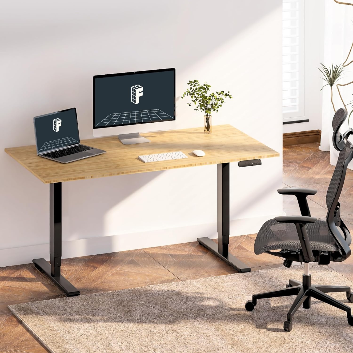 image:imageFlexiSpot E6 Bamboo 3Stage Dual Motor Electric Standing Desk 55 x 28 Sit Stand Up Desk Holds 220 lbs Adjustable Height w Memory Presets Solid Bamboo Desktop amp Black Frame Ships in 2 BoxesBlack Frametop