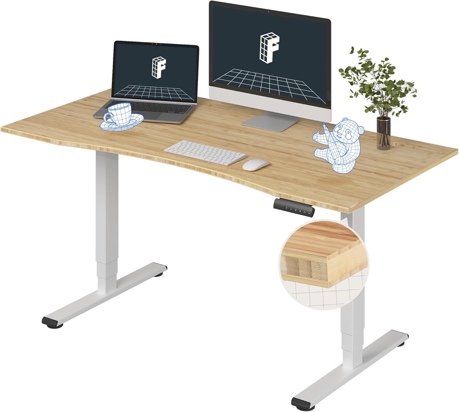 image:imageFlexiSpot E6 Bamboo 3Stage Dual Motor Electric Standing Desk 55 x 28 Sit Stand Up Desk Holds 220 lbs Adjustable Height w Memory Presets Solid Bamboo Desktop amp Black Frame Ships in 2 BoxesWhite Framecurved Top