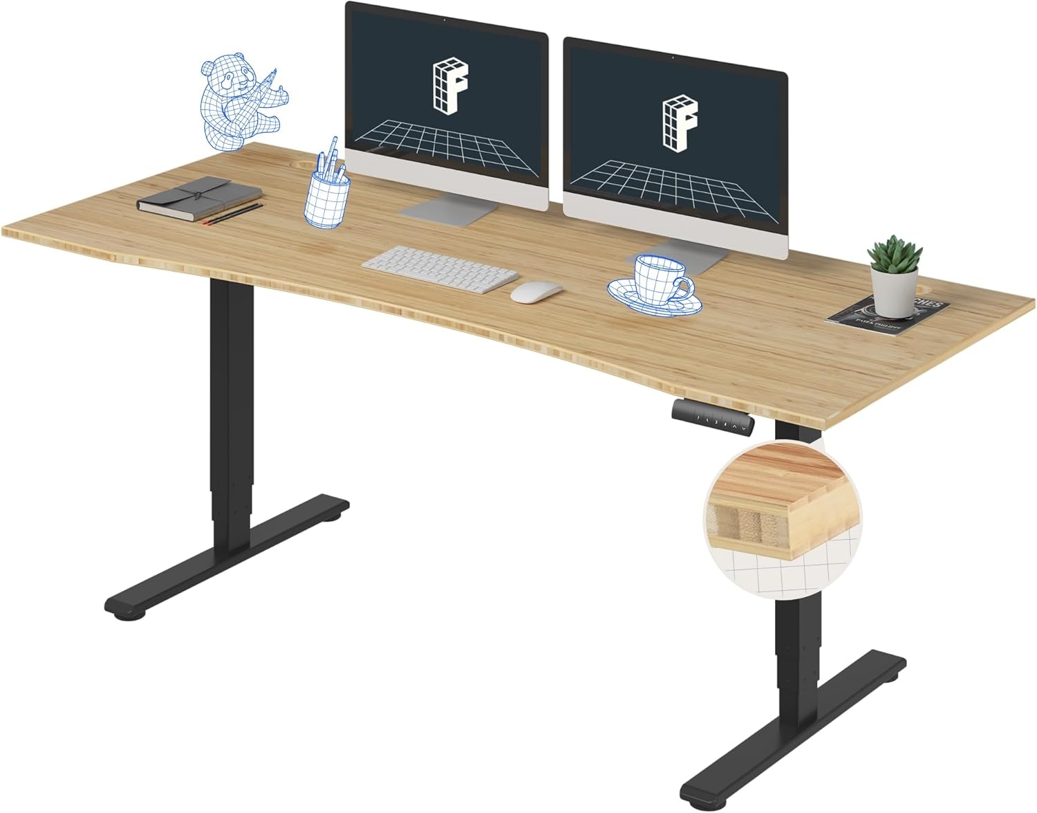 image:imageFlexiSpot E6 Bamboo 3Stage Dual Motor Electric Standing Desk 55 x 28 Sit Stand Up Desk Holds 220 lbs Adjustable Height w Memory Presets Solid Bamboo Desktop amp Black Frame Ships in 2 BoxesBlack Framecurved Top