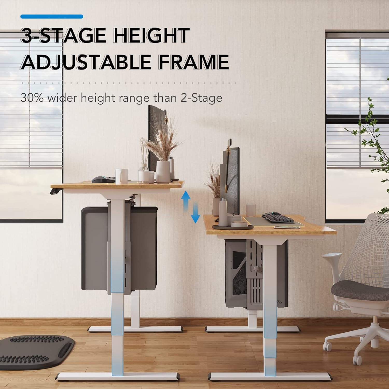 image:imageFlexiSpot E6 Bamboo 3Stage Dual Motor Electric Standing Desk 55 x 28 Sit Stand Up Desk Holds 220 lbs Adjustable Height w Memory Presets Solid Bamboo Desktop amp Black Frame Ships in 2 BoxesWhite Frametop