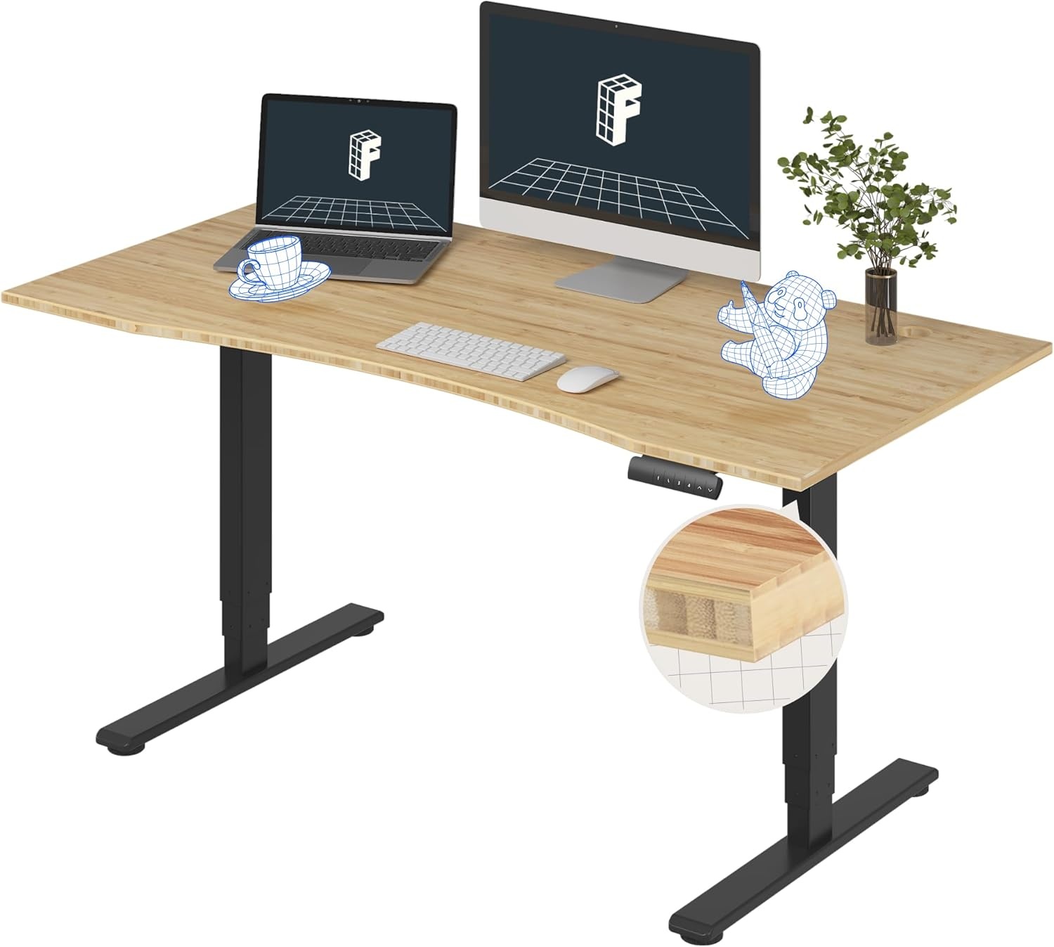 image:imageFlexiSpot E6 Bamboo 3Stage Dual Motor Electric Standing Desk 55 x 28 Sit Stand Up Desk Holds 220 lbs Adjustable Height w Memory Presets Solid Bamboo Desktop amp Black Frame Ships in 2 BoxesBlack Framecurved Top