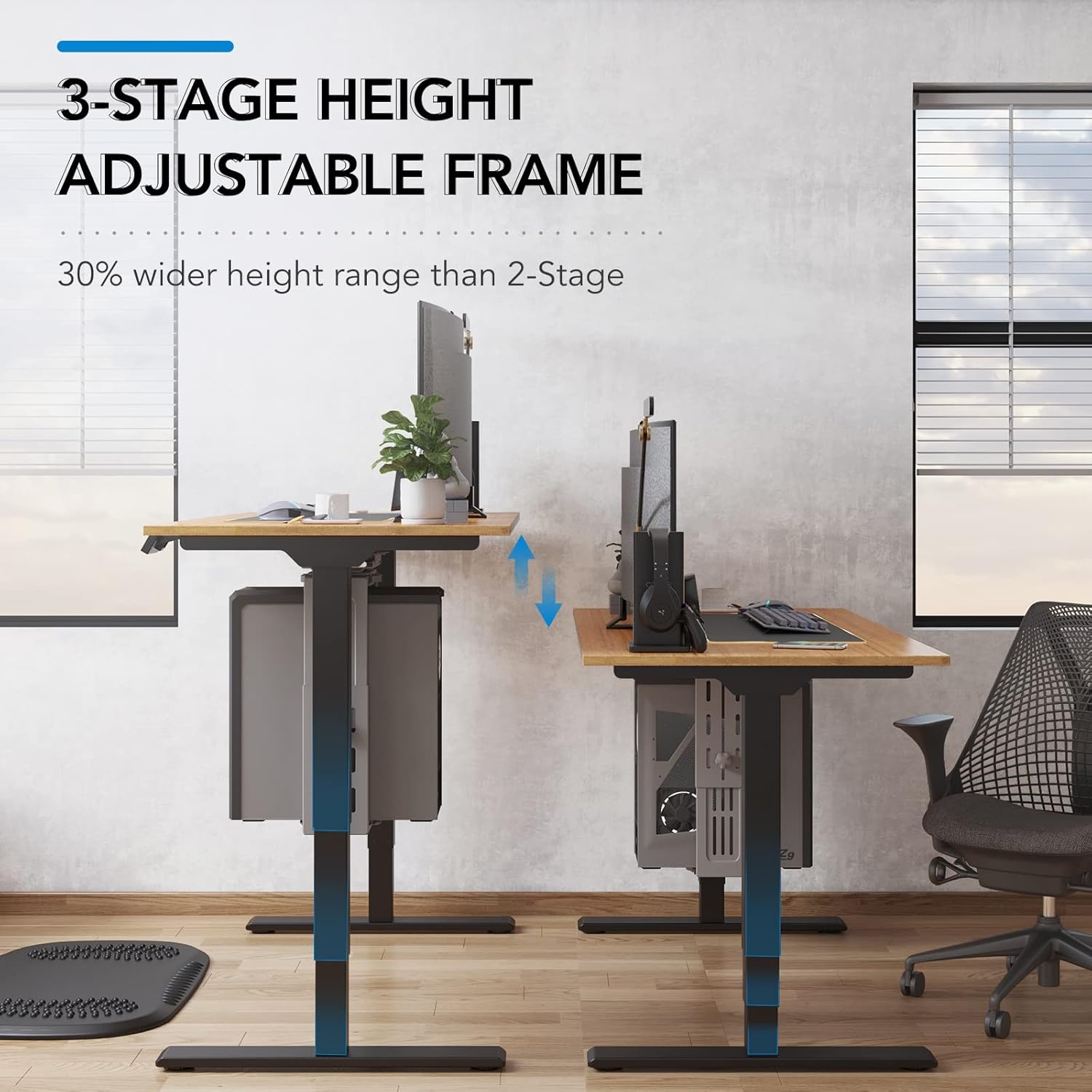 image:imageFlexiSpot E6 Bamboo 3Stage Dual Motor Electric Standing Desk 55 x 28 Sit Stand Up Desk Holds 220 lbs Adjustable Height w Memory Presets Solid Bamboo Desktop amp Black Frame Ships in 2 BoxesBlack Frame Rectangular Top
