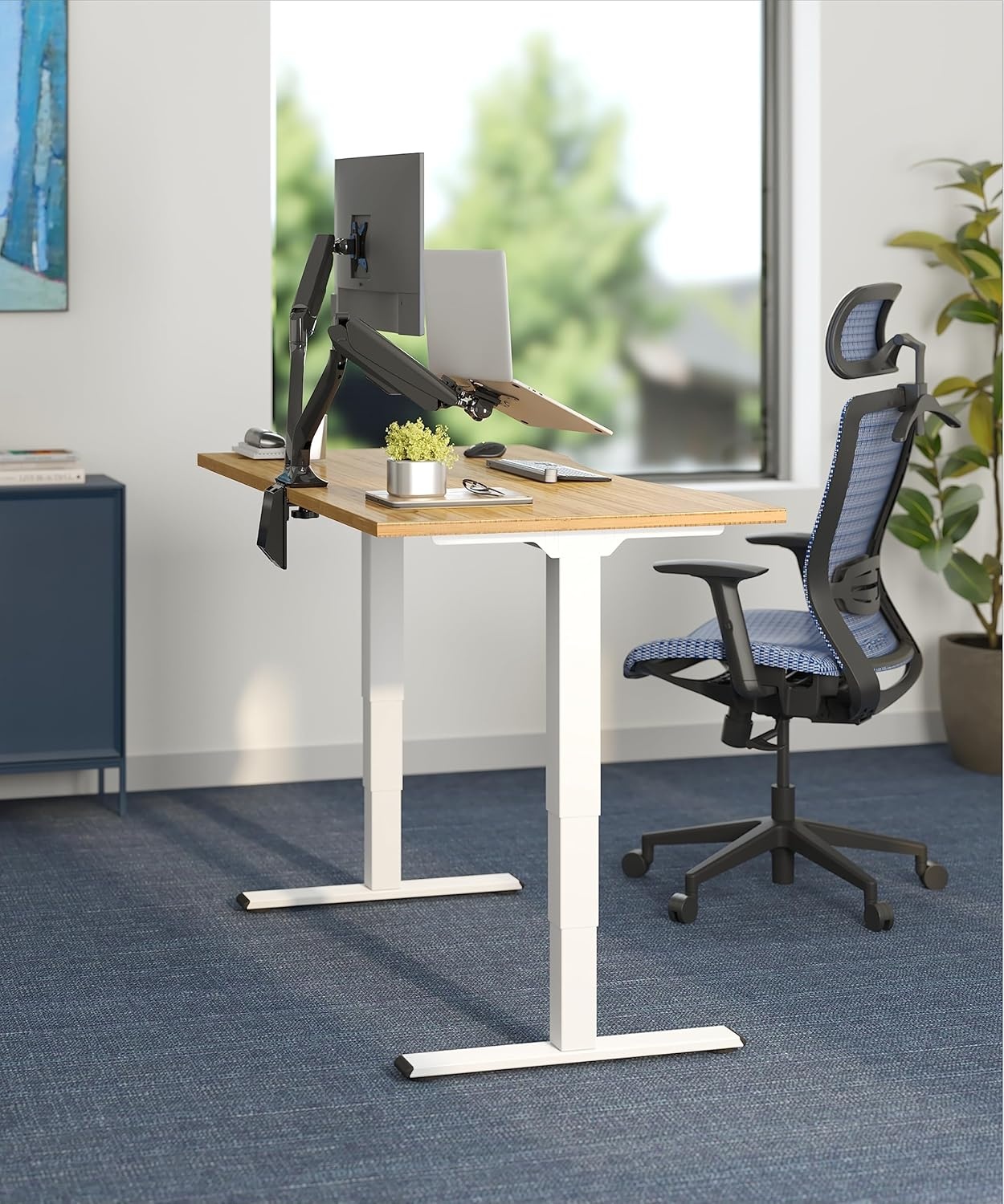 image:imageFlexiSpot E6 Bamboo 3Stage Dual Motor Electric Standing Desk 55 x 28 Sit Stand Up Desk Holds 220 lbs Adjustable Height w Memory Presets Solid Bamboo Desktop amp Black Frame Ships in 2 BoxesWhite Frametop