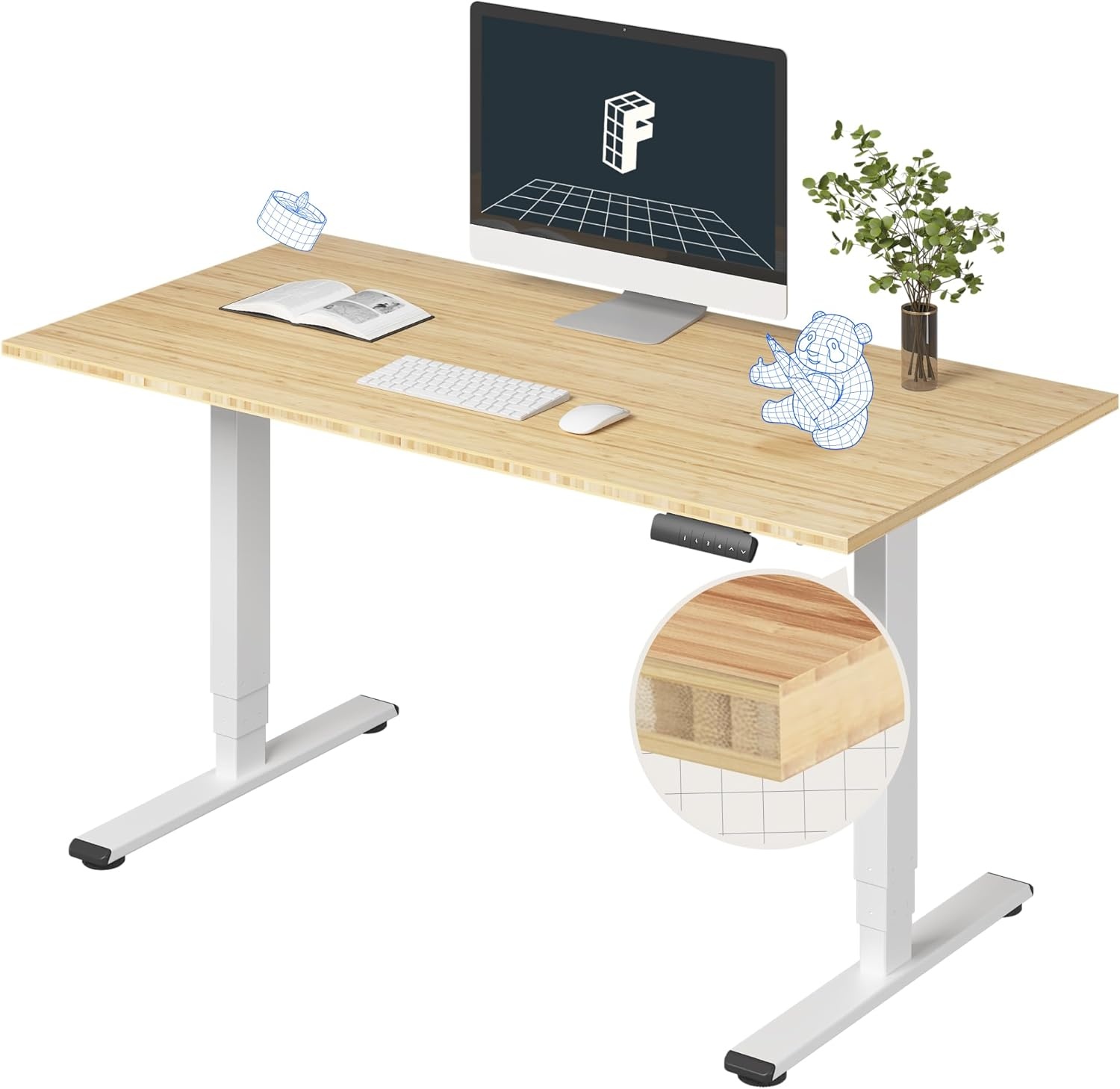 image:imageFlexiSpot E6 Bamboo 3Stage Dual Motor Electric Standing Desk 55 x 28 Sit Stand Up Desk Holds 220 lbs Adjustable Height w Memory Presets Solid Bamboo Desktop amp Black Frame Ships in 2 BoxesWhite Frametop