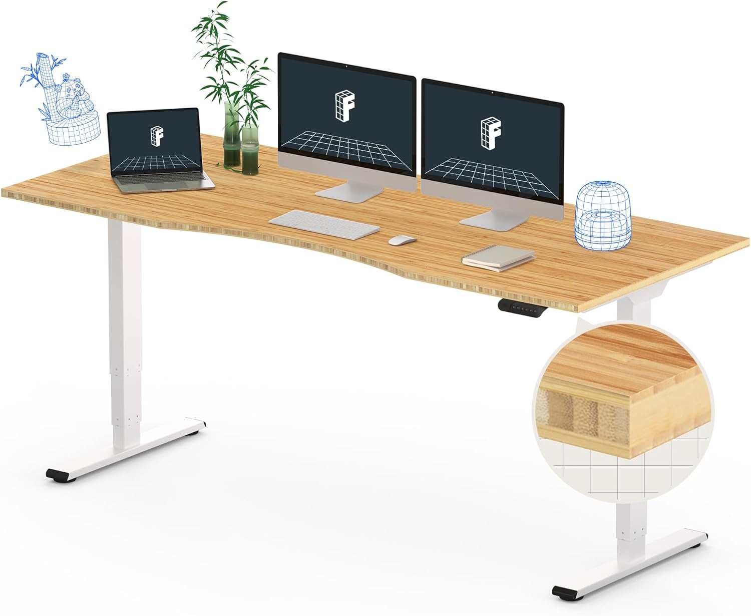 image:imageFlexiSpot E6 Bamboo 3Stage Dual Motor Electric Standing Desk 55 x 28 Sit Stand Up Desk Holds 220 lbs Adjustable Height w Memory Presets Solid Bamboo Desktop amp Black Frame Ships in 2 BoxesWhite Framecurved Top