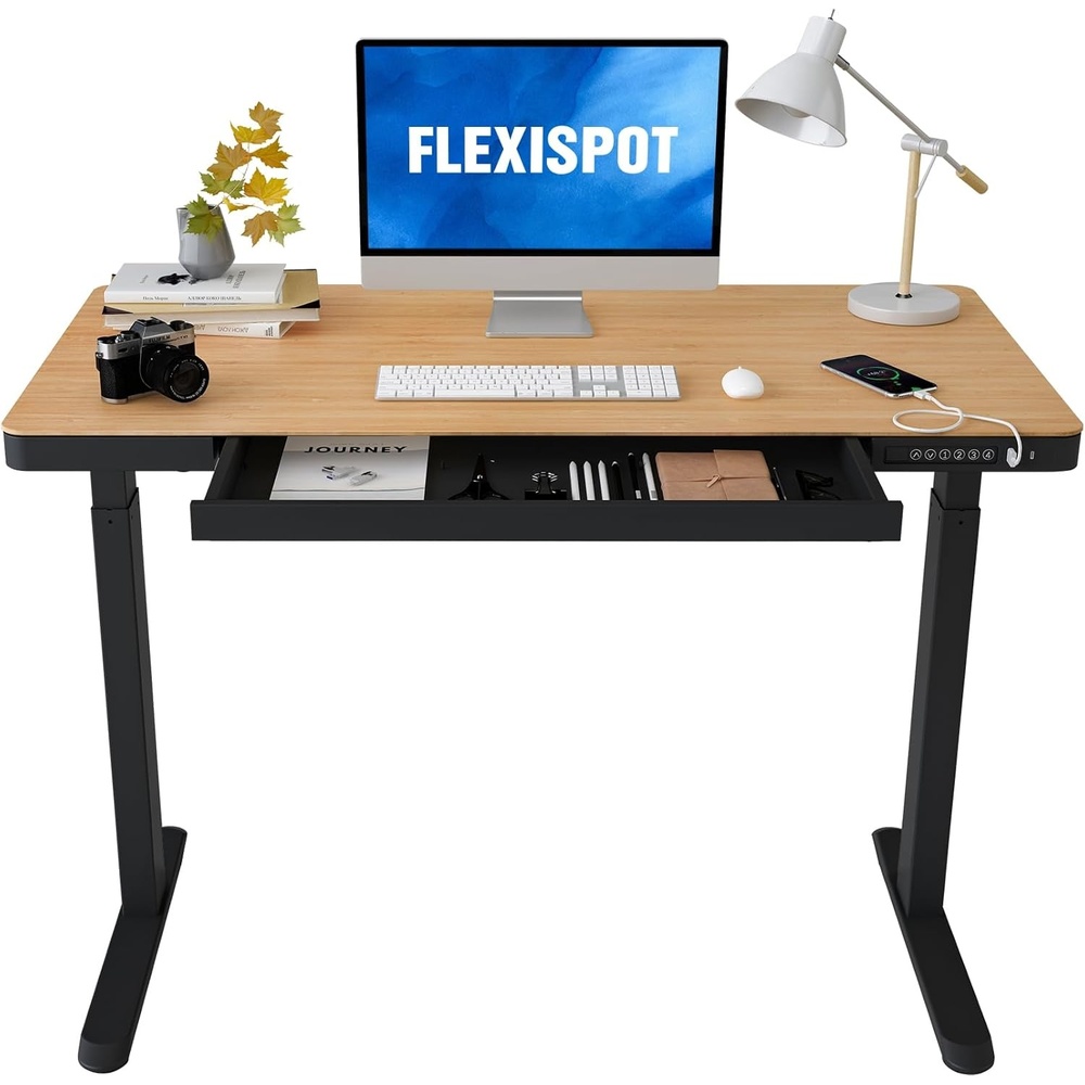 image:imageFLEXISPOT Q8 55 Bamboo Standing Desk Dual Motor 3 Stages Adjustable Height Electric Computer Workstation wWireless Charging Drawer Quick Install 220lbs Capacity Bamboo Tabletop White FrameNaturalBlack