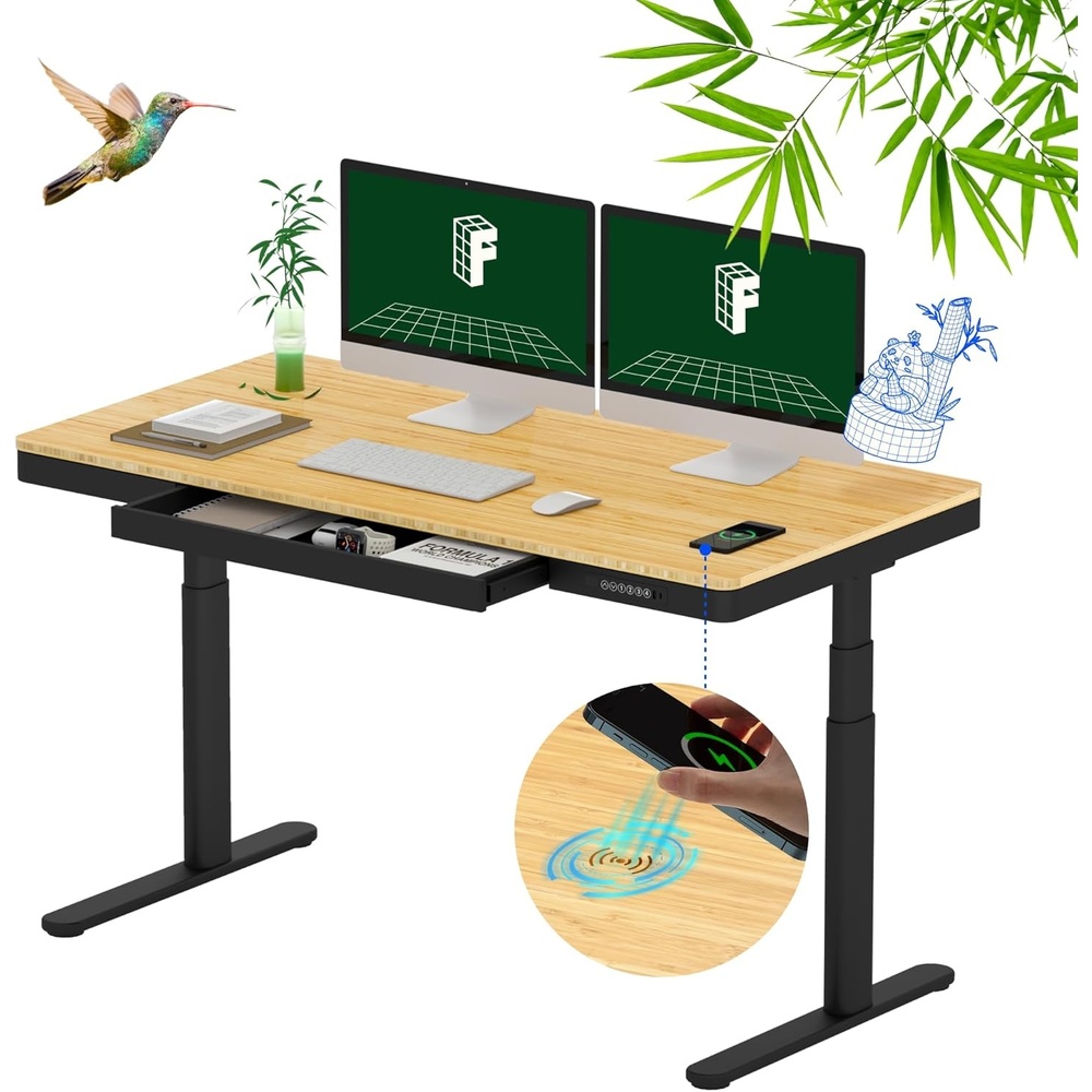 image:imageFLEXISPOT Q8 55 Bamboo Standing Desk Dual Motor 3 Stages Adjustable Height Electric Computer Workstation wWireless Charging Drawer Quick Install 220lbs Capacity Bamboo Tabletop White FrameBambooBlack