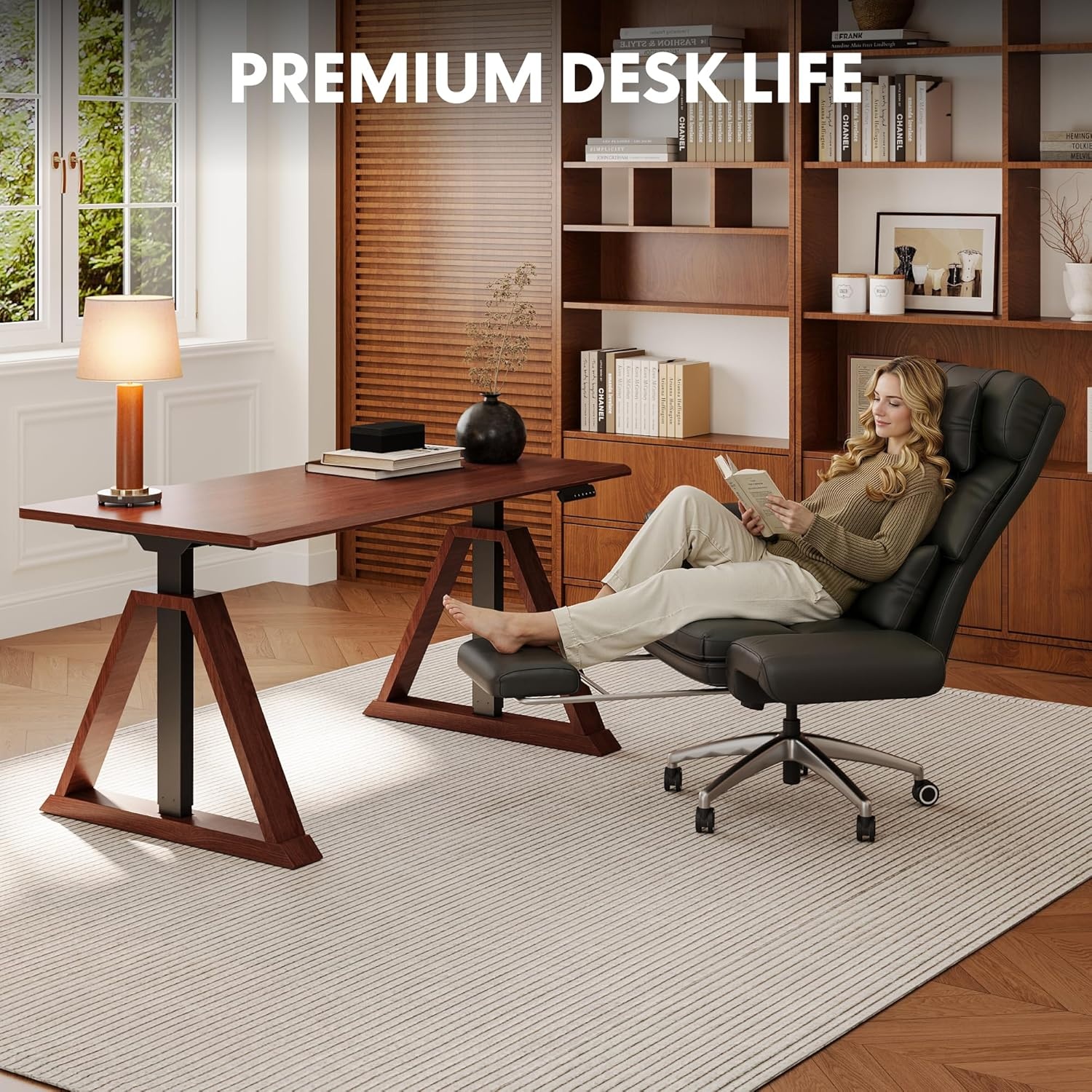 image:imageFLEXISPOT 55 x 48 Inch L Shaped Executive Standing Desk Electric Height Adjustable Desk with Drawers Large Corner Desk for Home Office and Workstation CherryWalnut