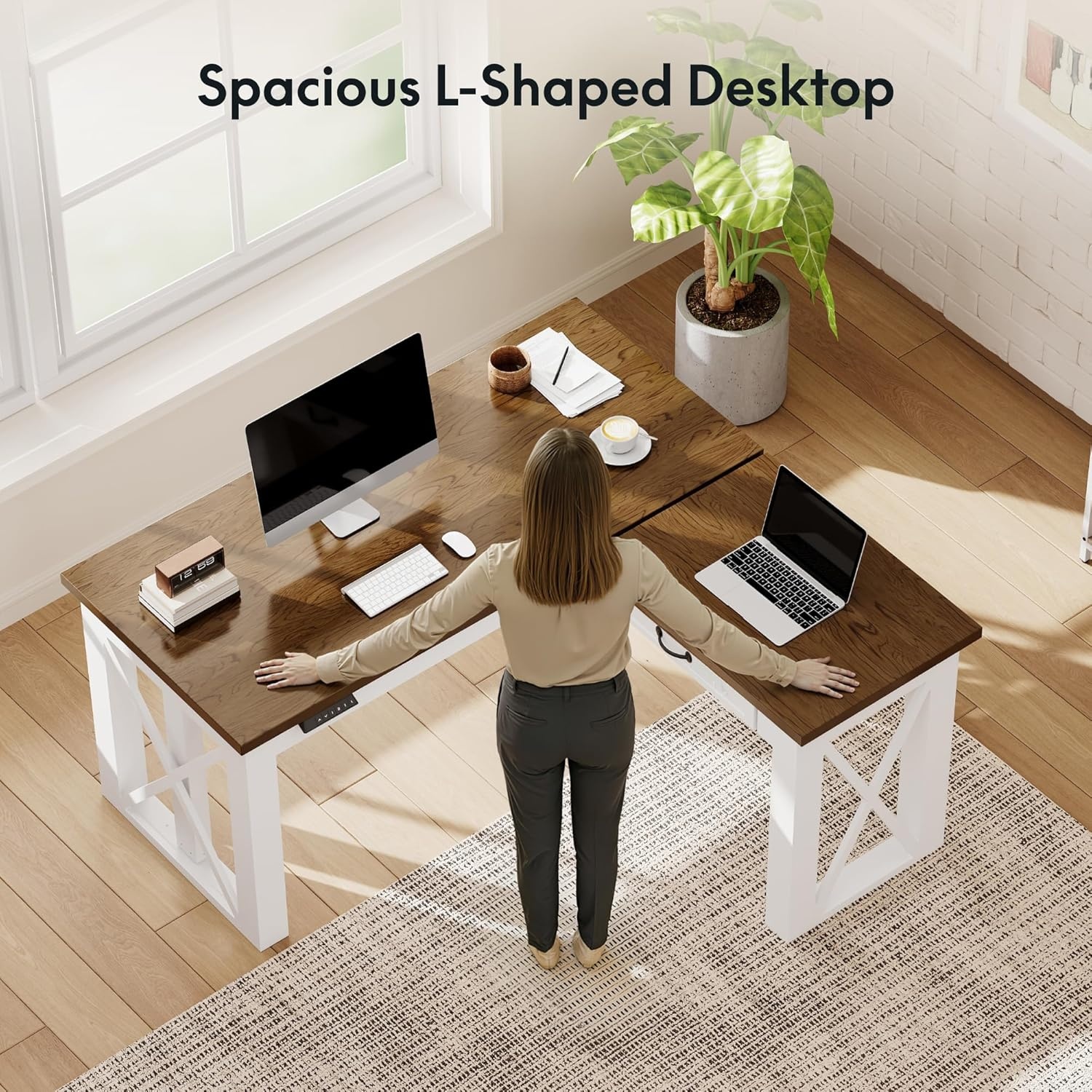 image:imageFLEXISPOT 55 x 48 Inch L Shaped Executive Standing Desk Electric Height Adjustable Desk with Drawers Large Corner Desk for Home Office and Workstation CherryCherry